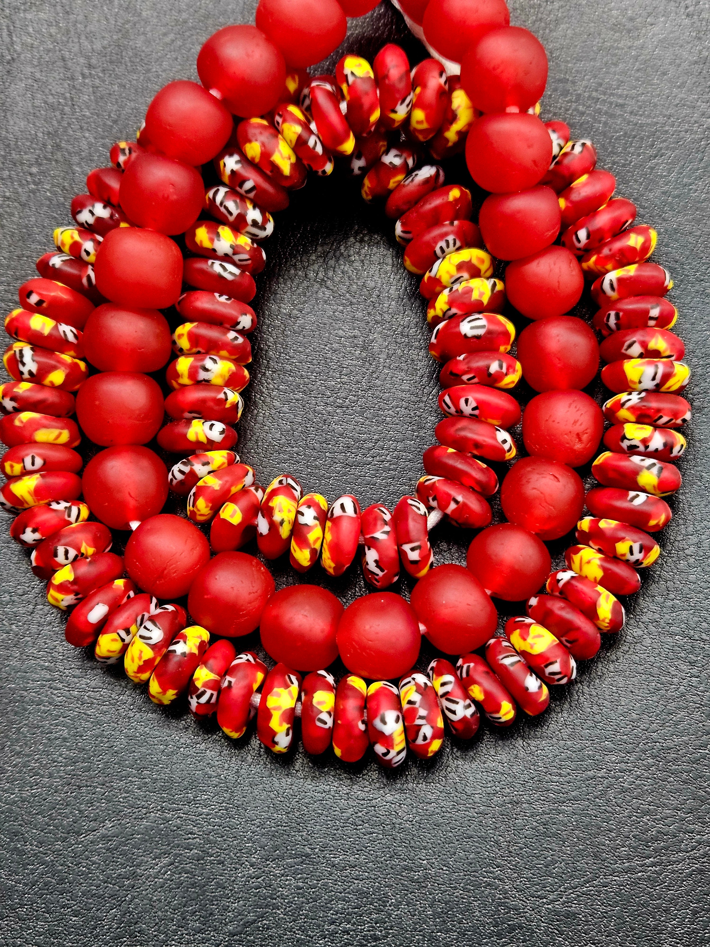 Red African Glass Bead Bundle: Hand-Painted Krobo Rondelle & Round Pocket Glass Beads from Ghana