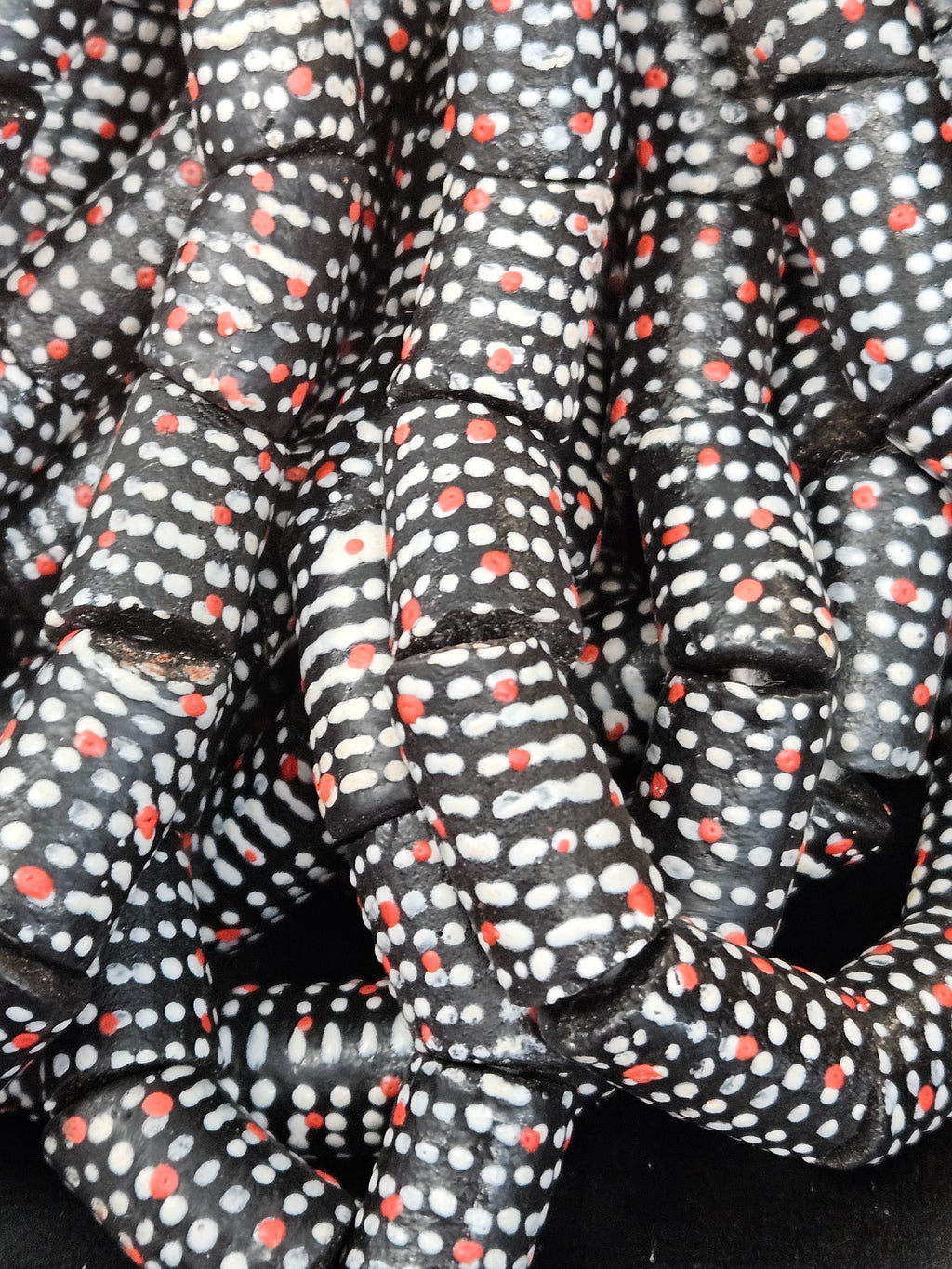 Painted Krobo Glass Beads | Black Red & White Polka Dot Long Tube Beads | Handcrafted Ghana Recycled Glass Beads
