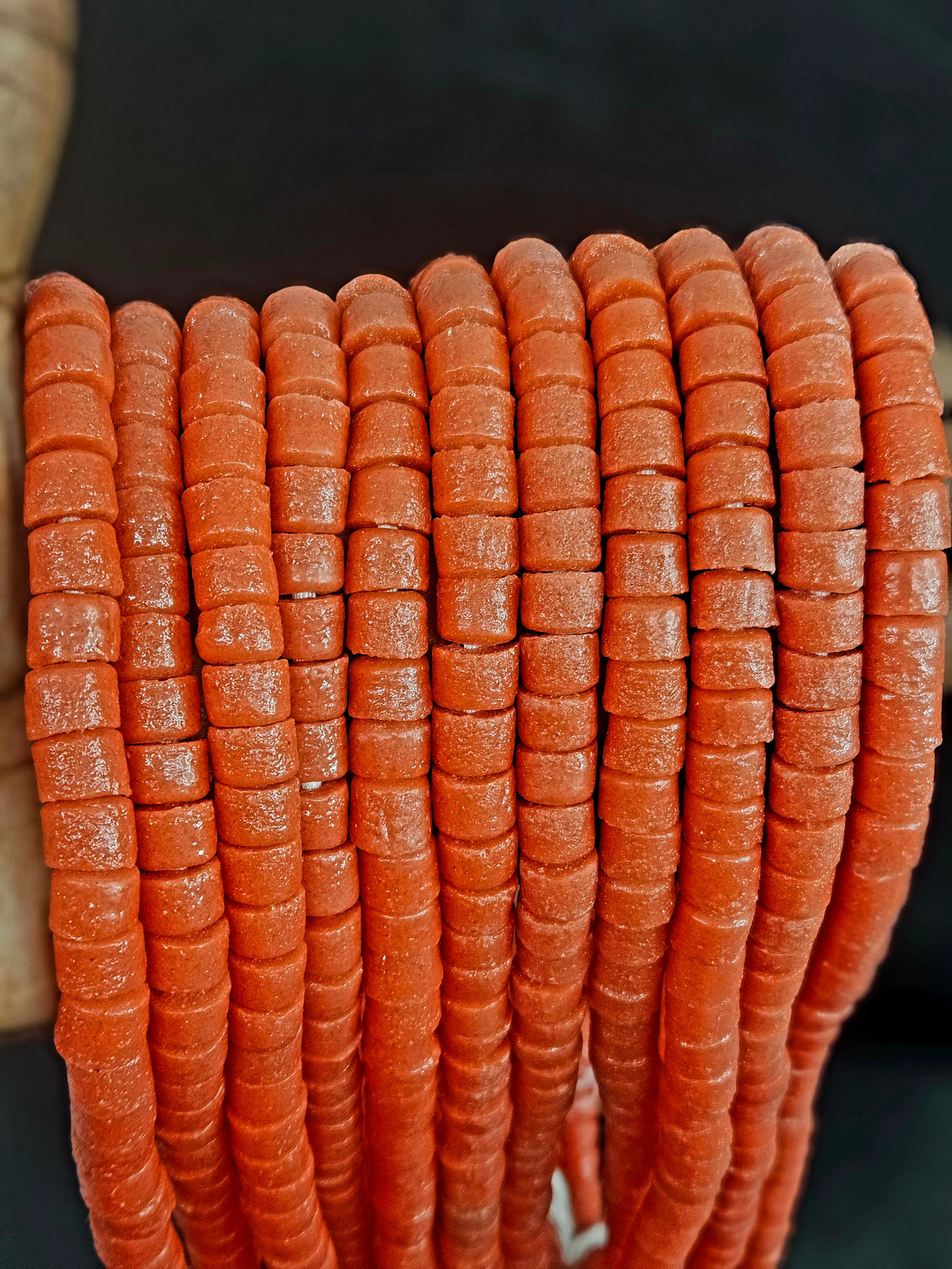 Burnt Terracotta Small Cube Tube Krobo Powdered Glass Beads | Ghana Recycled Glass | 77–78 Beads