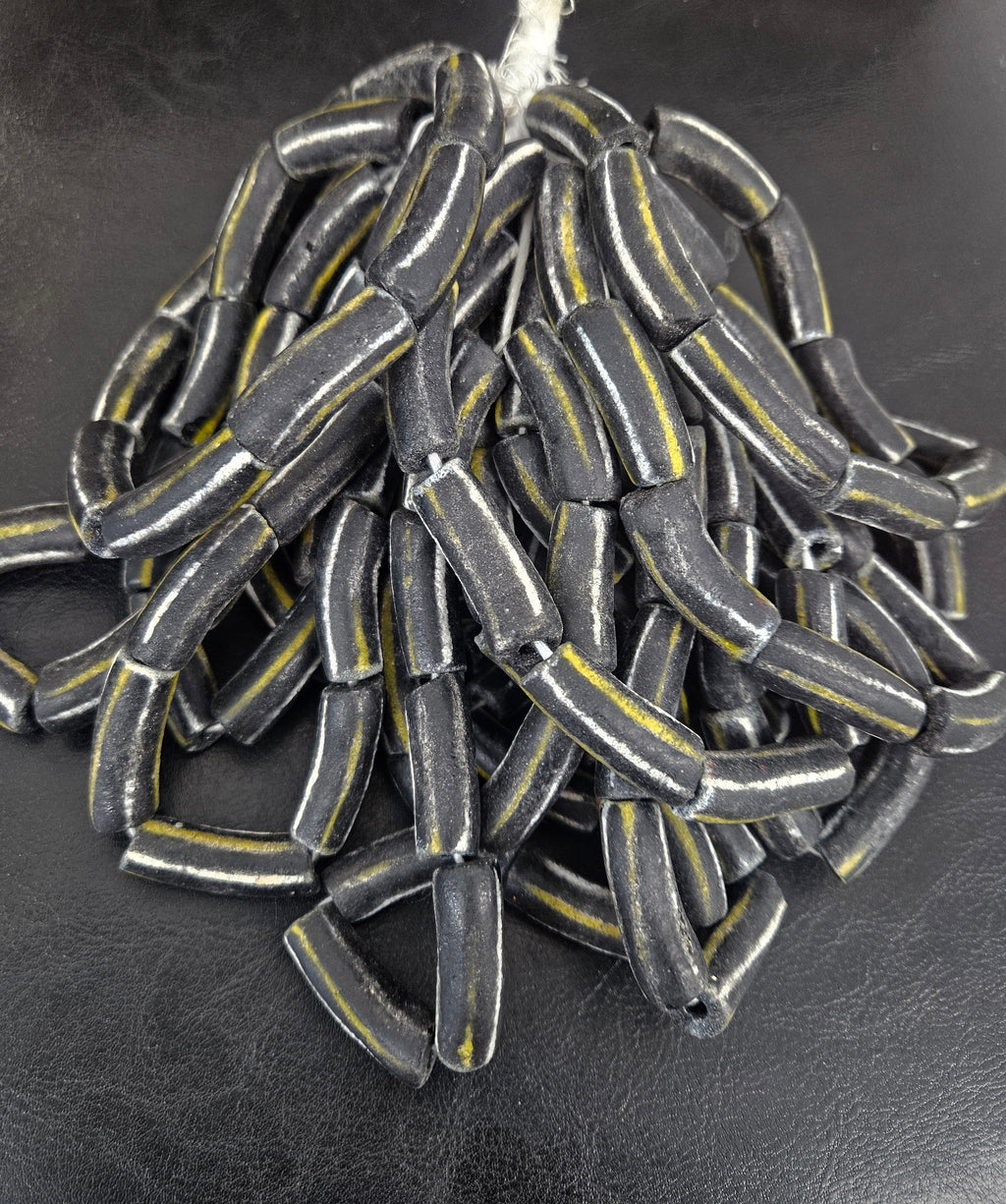 African Glass Beads – Painted Krobo Long Tubes, Black & Gold Beads
