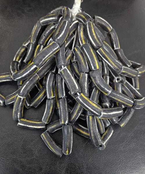 African Glass Beads – Painted Krobo Long Tubes, Black & Gold Beads