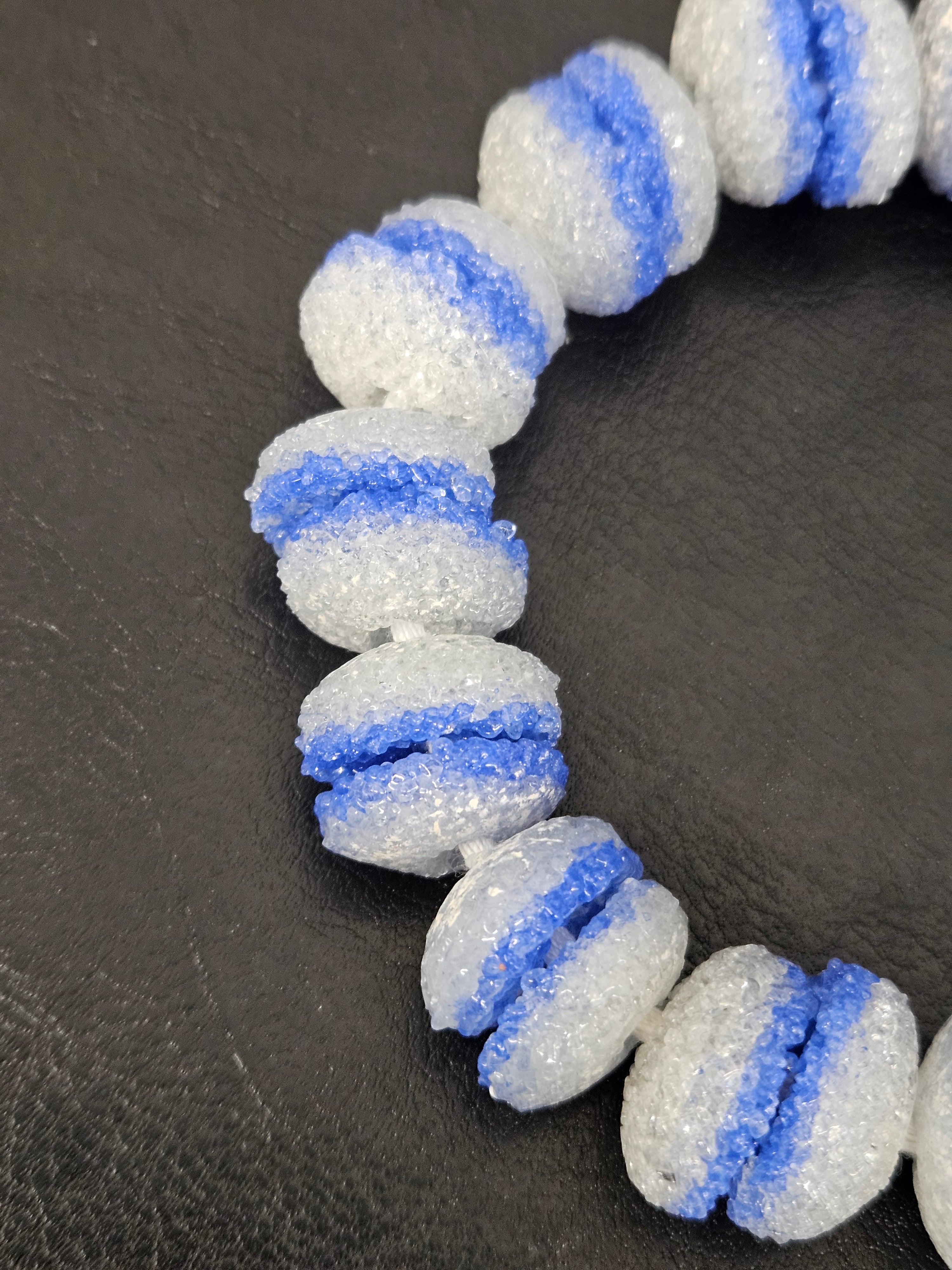 Blue & White Krobo Sugar Glass Rondelle Beads | Handcrafted Recycled Glass Beads from Ghana | Approx. 30 Beads Per Strand