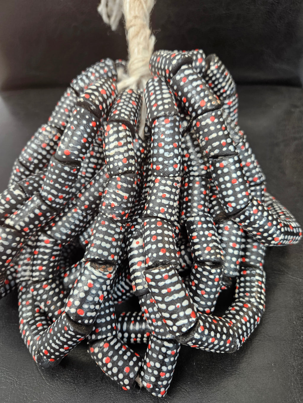 Painted Krobo Glass Beads | Black Red & White Polka Dot Long Tube Beads | Handcrafted Ghana Recycled Glass Beads