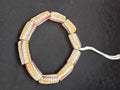 Krobo Painted Glass Tube Beads – Soft Ivory Gray with Golden Yellow & Coral Red Stripes