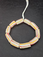 Krobo Painted Glass Tube Beads – Soft Ivory Gray with Golden Yellow & Coral Red Stripes