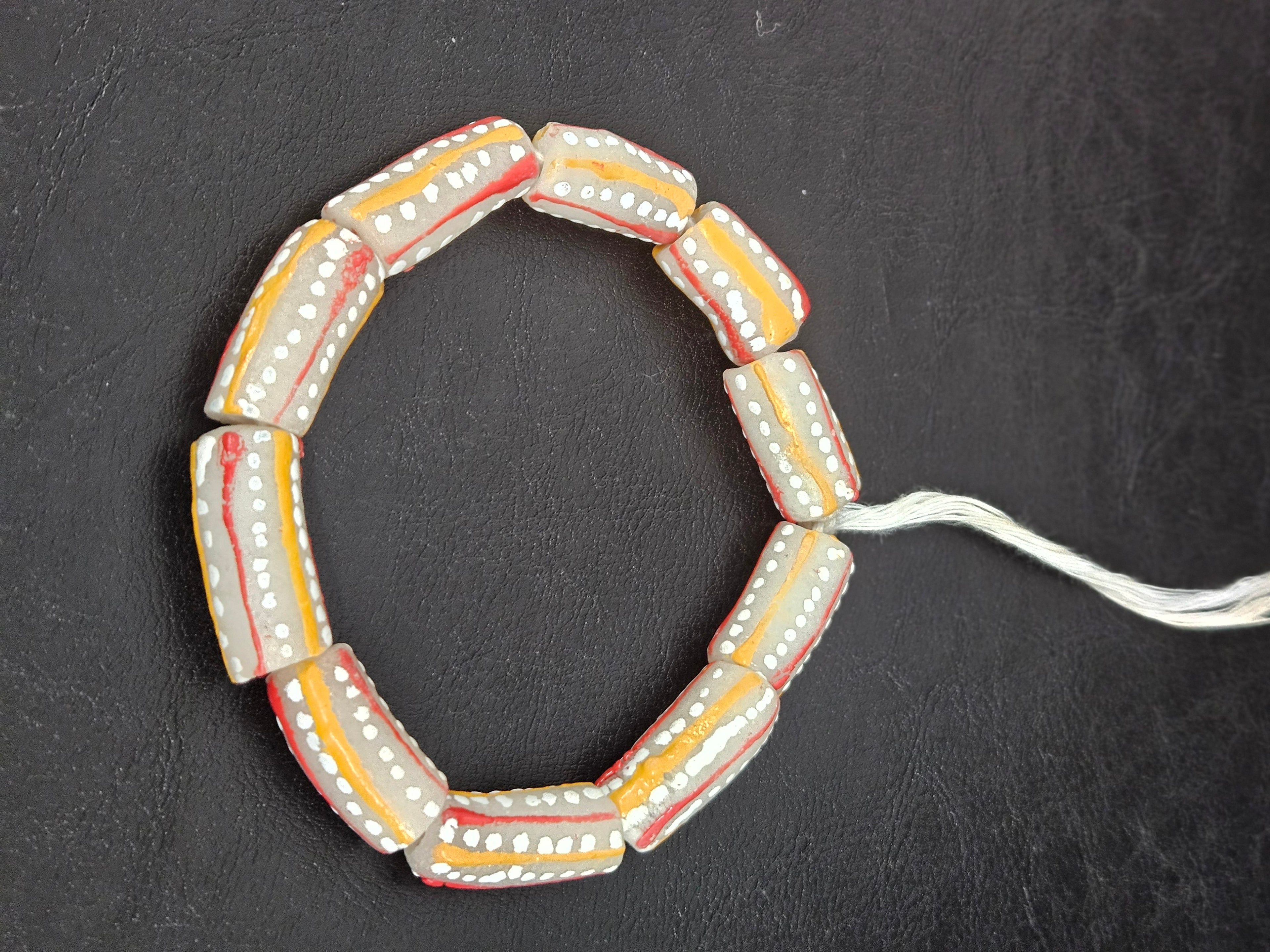 Krobo Painted Glass Tube Beads – Soft Ivory Gray with Golden Yellow & Coral Red Stripes
