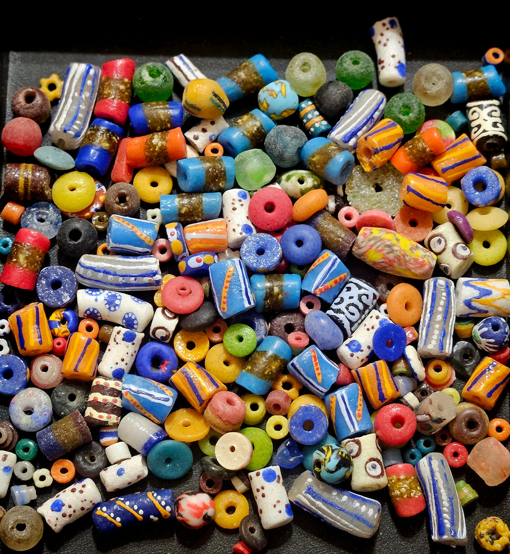 African Krobo Recycled Glass Beads Mix (Coastal Blue + Sun Yellow) — 1 Cup, 160+ Handmade Ghana Beads, 1lb | ABM255