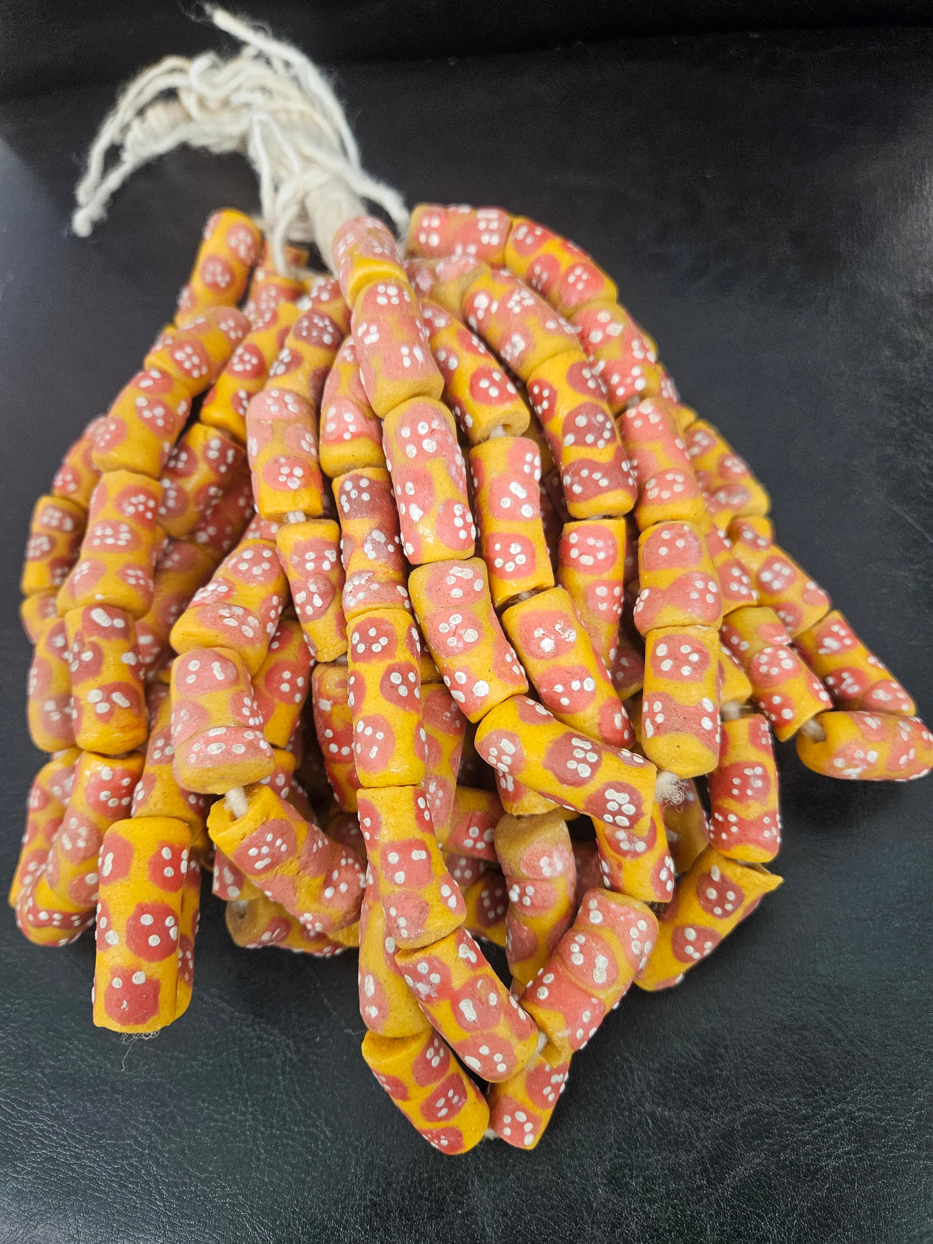African Glass Beads – Painted Krobo Long Tubes, Gold & Coral Ghana Beads