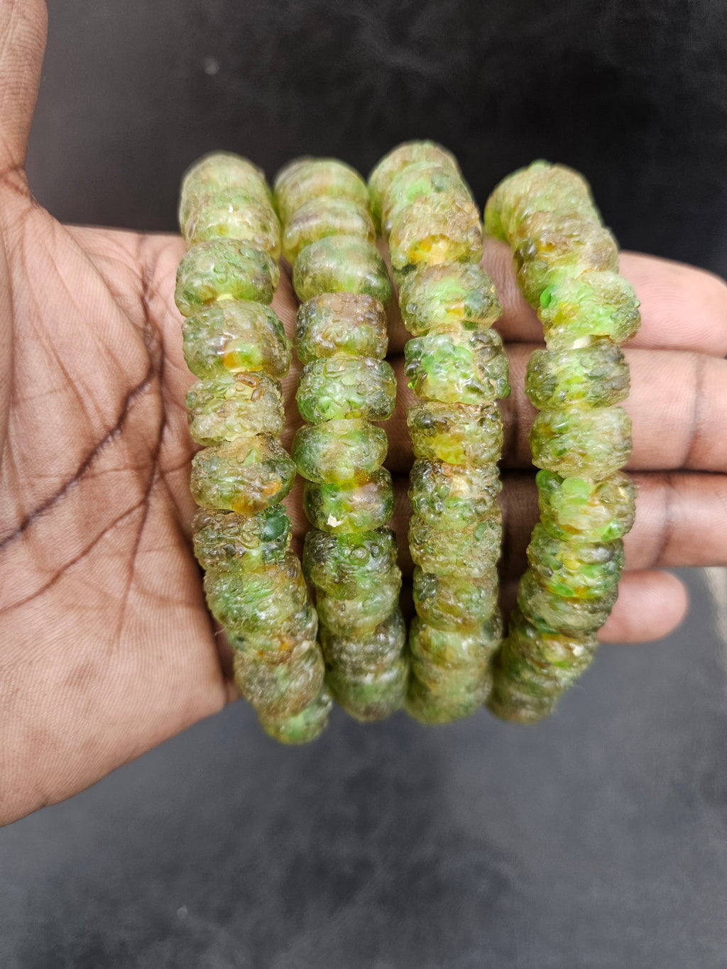 Moss Green African Recycled Glass Short Tube Beads – Handmade Krobo Powder Glass Beads, 32–33 Beads