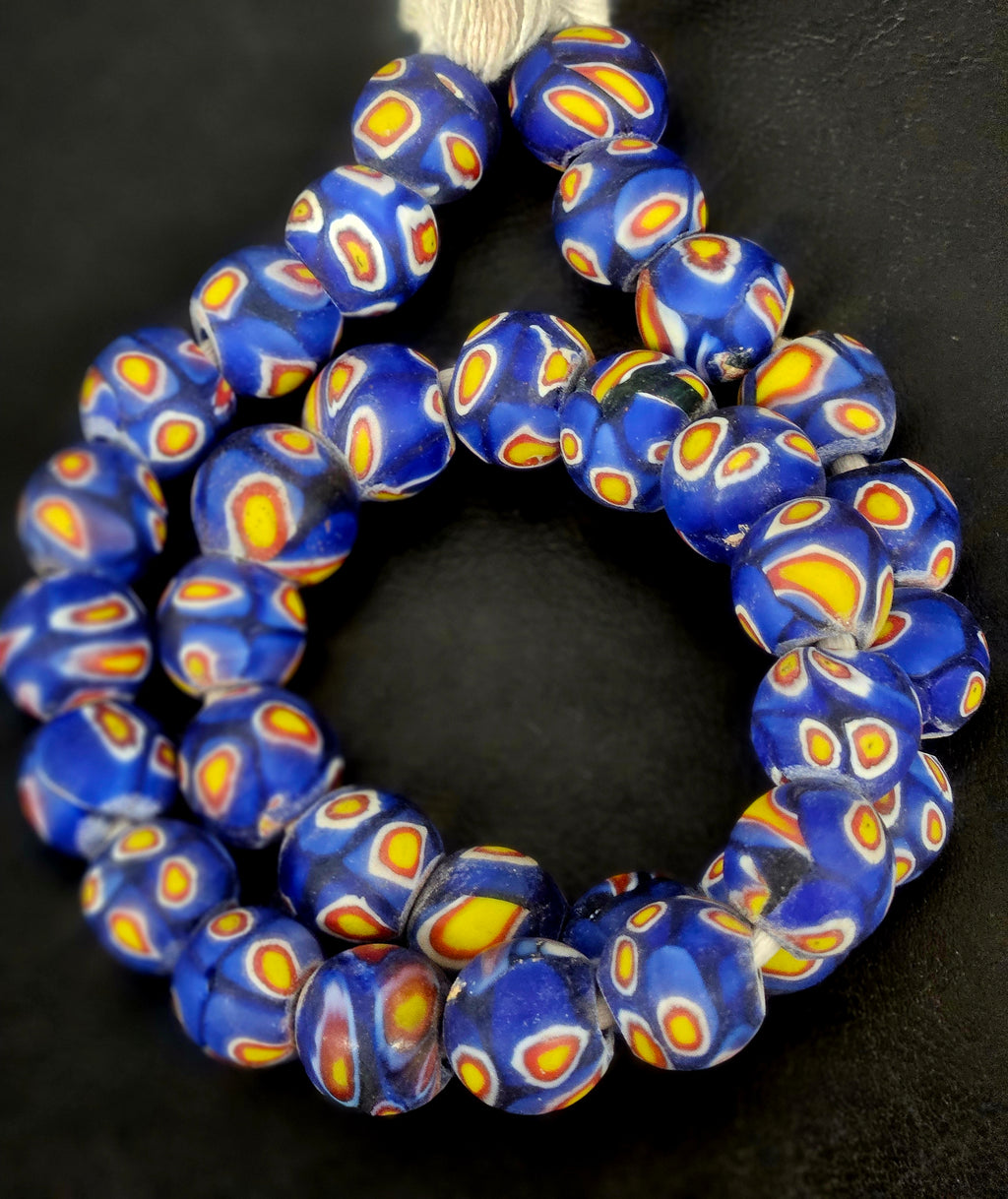 Cobalt Blue Eye Motif African Trade Beads Sourced in Ghana | Large-Hole Glass Trade Beads | 15–16mm Designer & Collector Strand