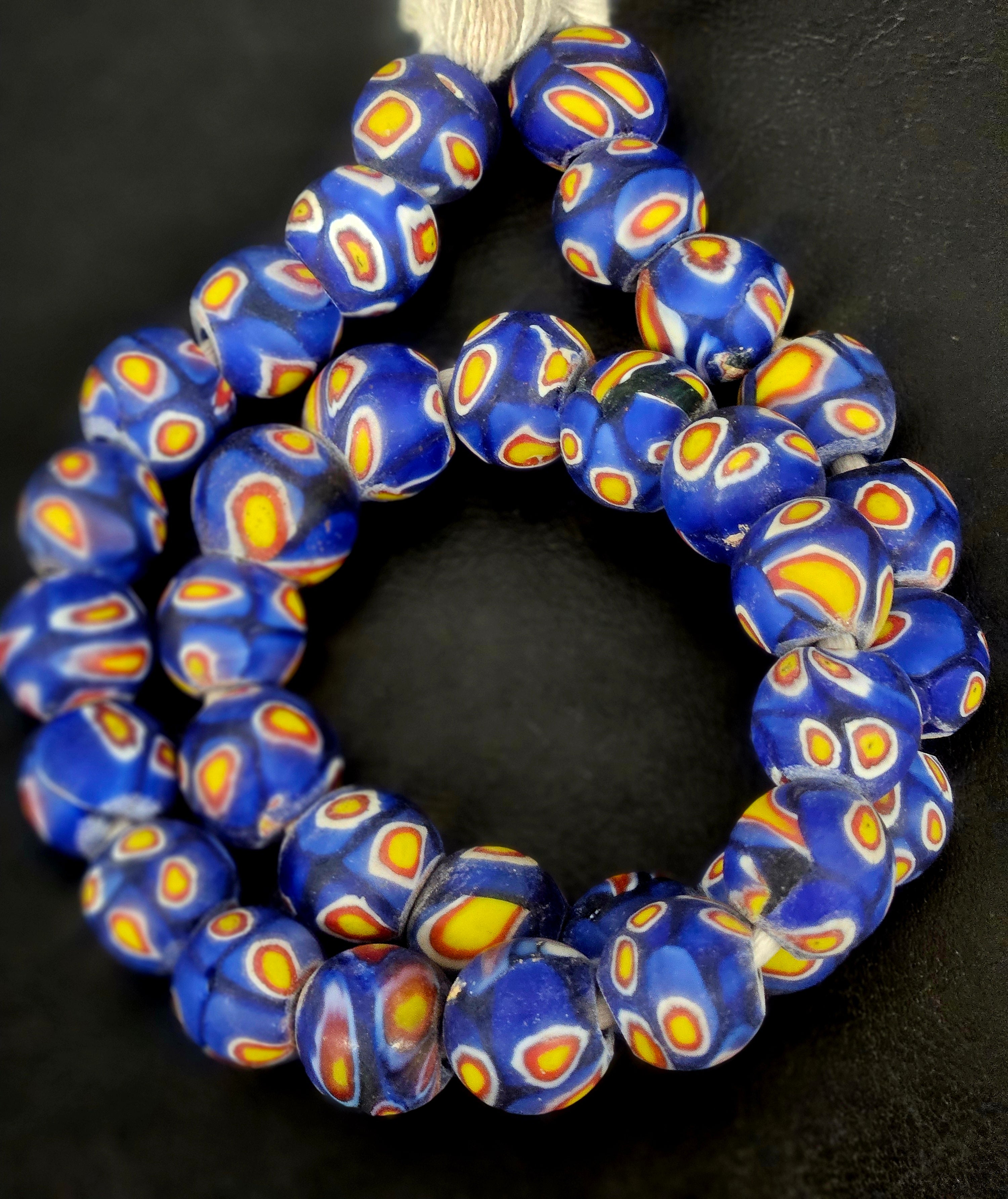 Cobalt Blue Eye Motif African Trade Beads Sourced in Ghana | Large-Hole Glass Trade Beads | 15–16mm Designer & Collector Strand