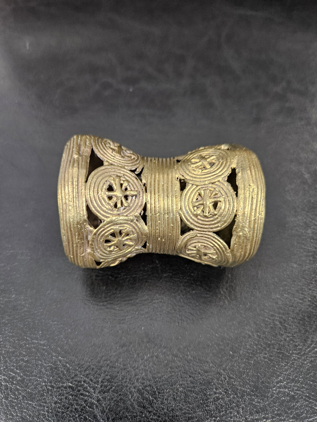 Oversized Ashanti Brass Talking Drum Pendant — Circular Openwork Design