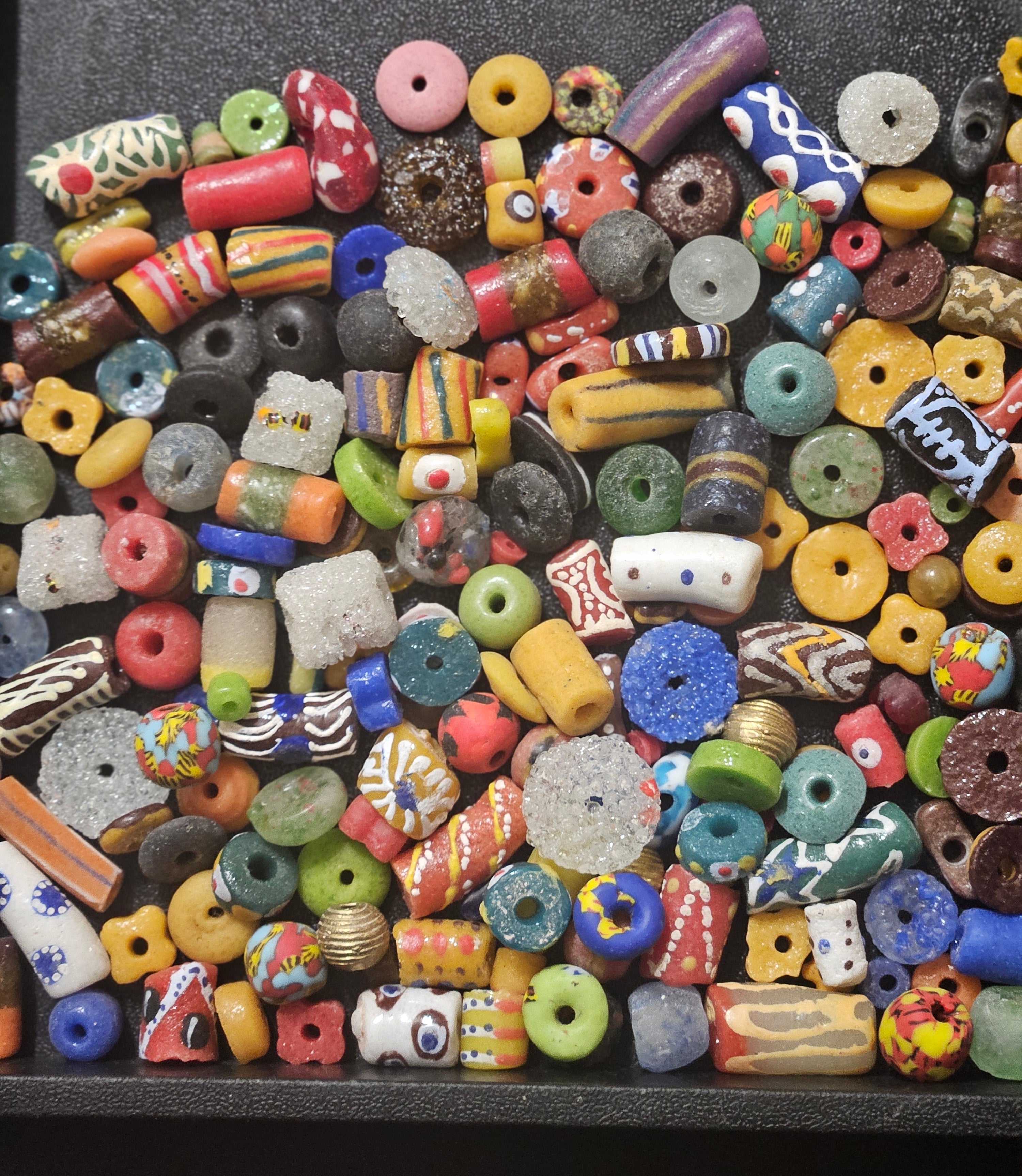 African Krobo Beads Soup Mix – 1 Cup (160+ Ghanaian Recycled Glass Beads, Tribal Patterns, 1lb)