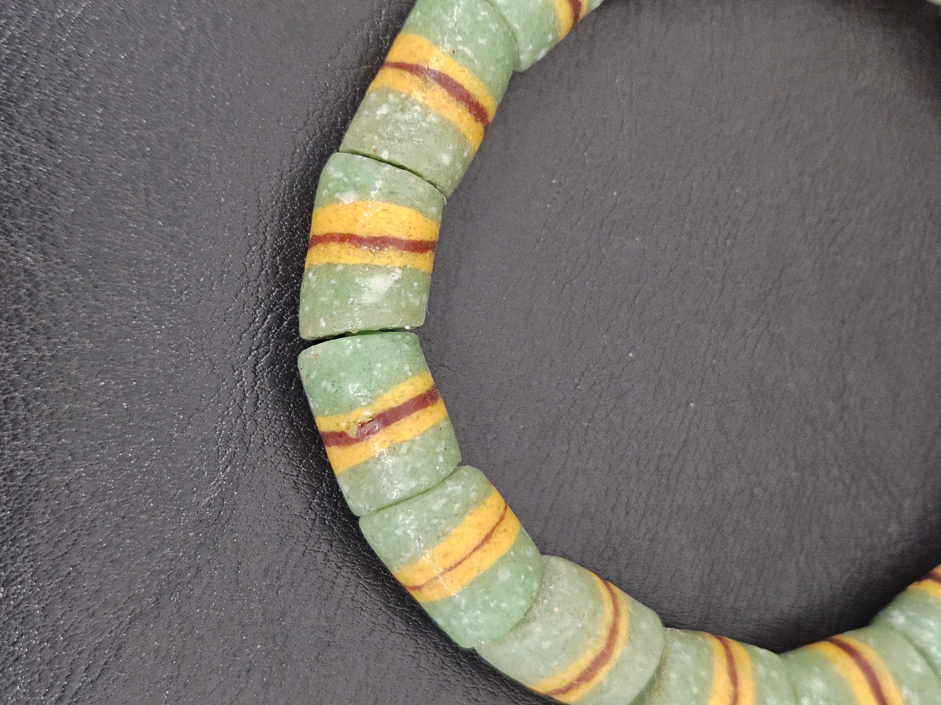 Green Striped Krobo Kente Glass Beads | Handcrafted Powdered Glass Beads from Ghana | Approx. 17 Beads