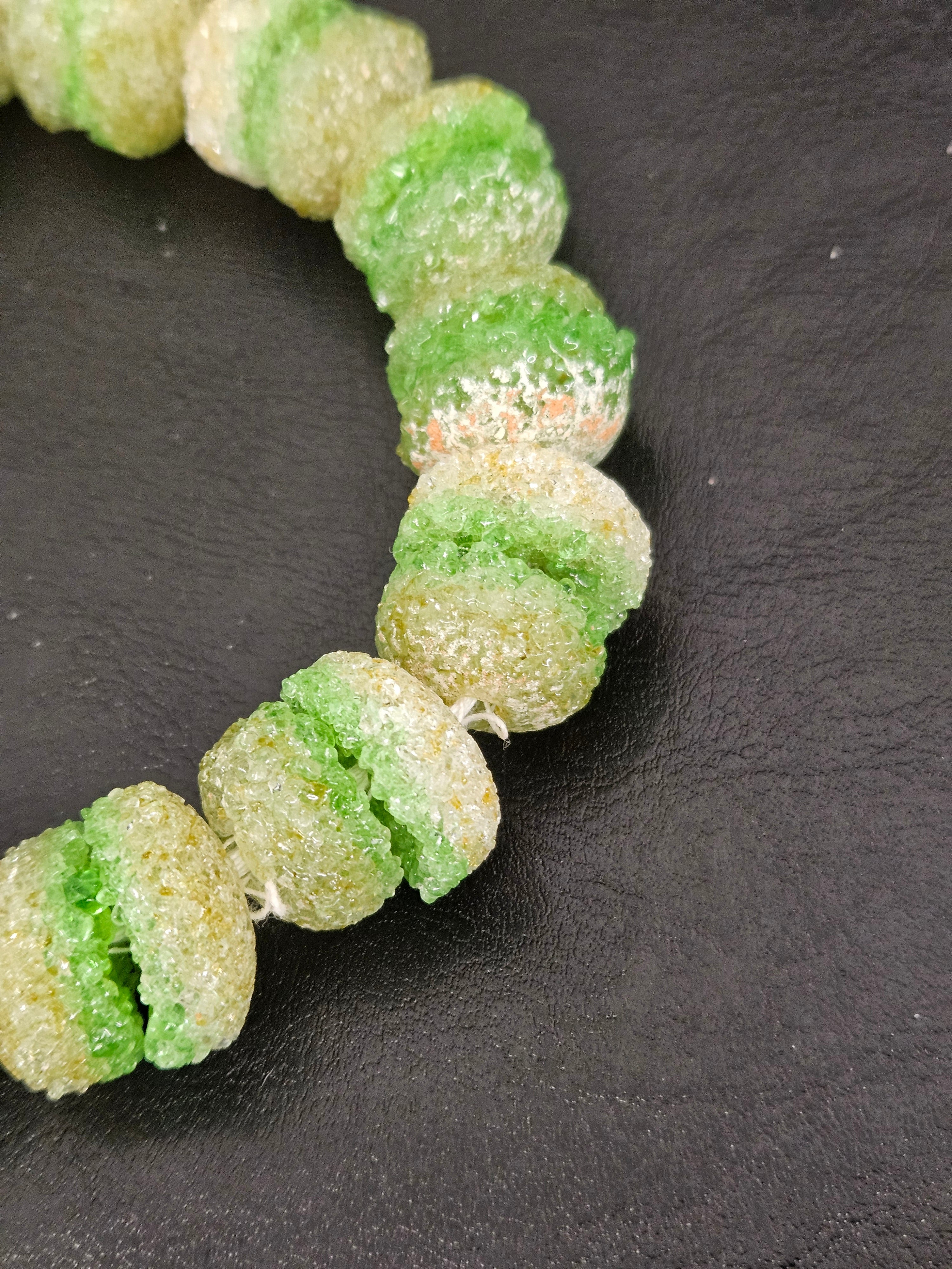 Green & White Krobo Sugar Glass Rondelle Beads | Handcrafted Recycled Glass Beads from Ghana | Approx. 30 Beads Per Strand