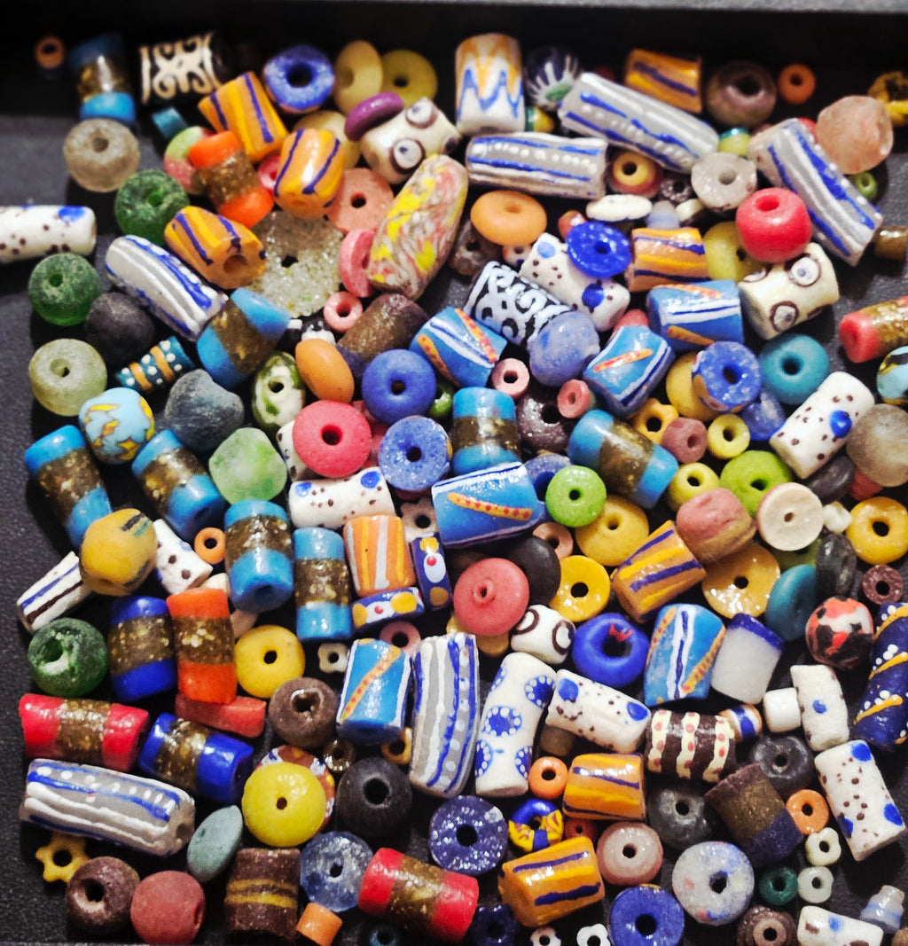 African Krobo Recycled Glass Beads Mix (Coastal Blue + Sun Yellow) — 1 Cup, 160+ Handmade Ghana Beads, 1lb | ABM255