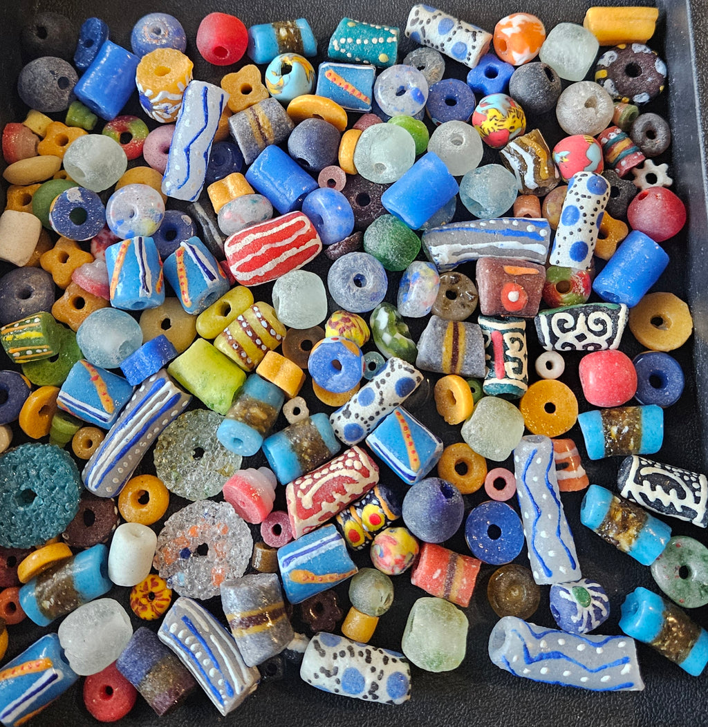 African Krobo Recycled Glass Beads Mix (Indigo + Sky Blue) — 1 Cup, 160+ Handmade Ghana Beads, 1lb | ABM252