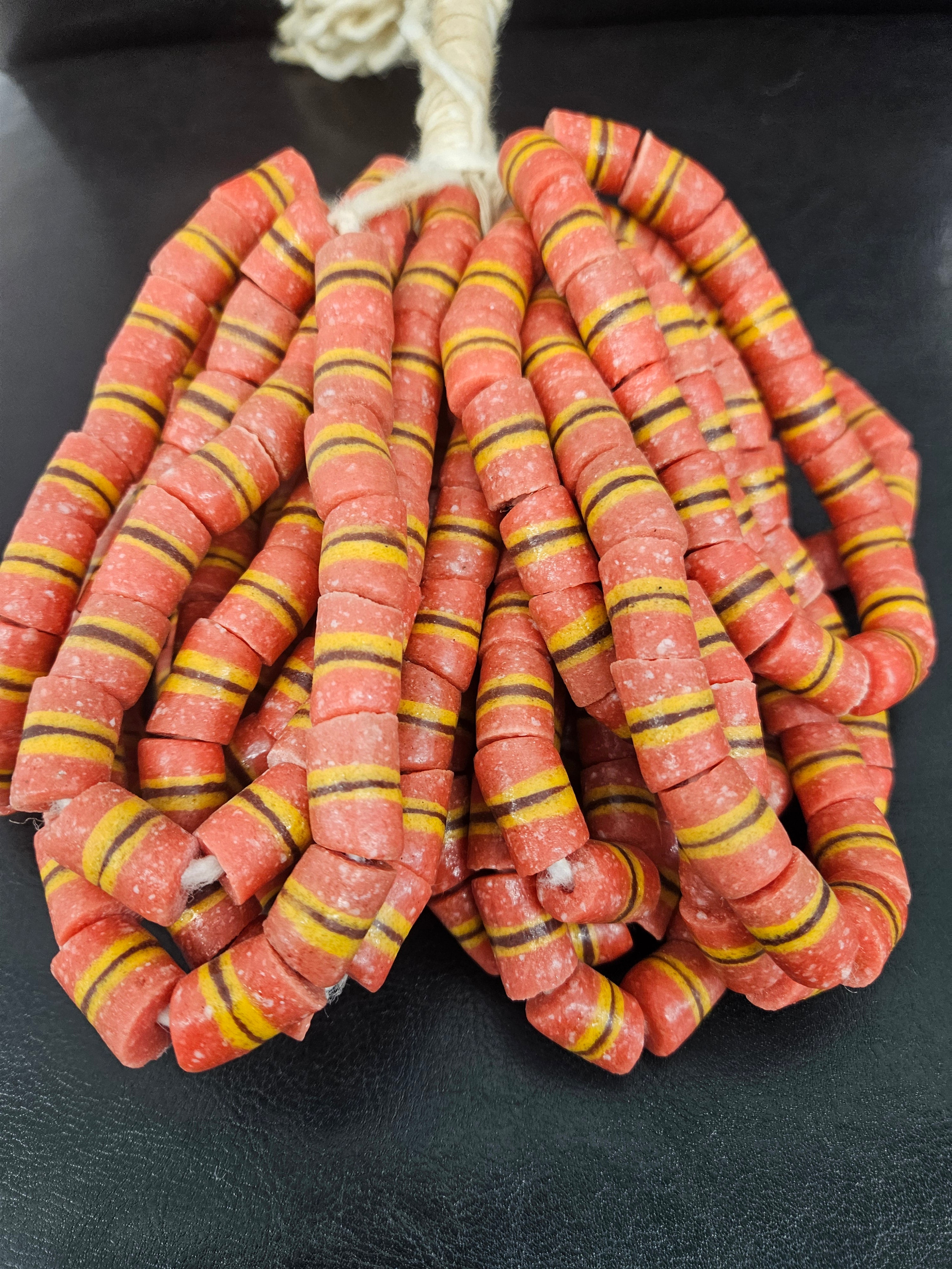 Red Striped Krobo Kente Glass Beads | Handcrafted Powdered Glass Beads from Ghana | Approx. 17 Beads