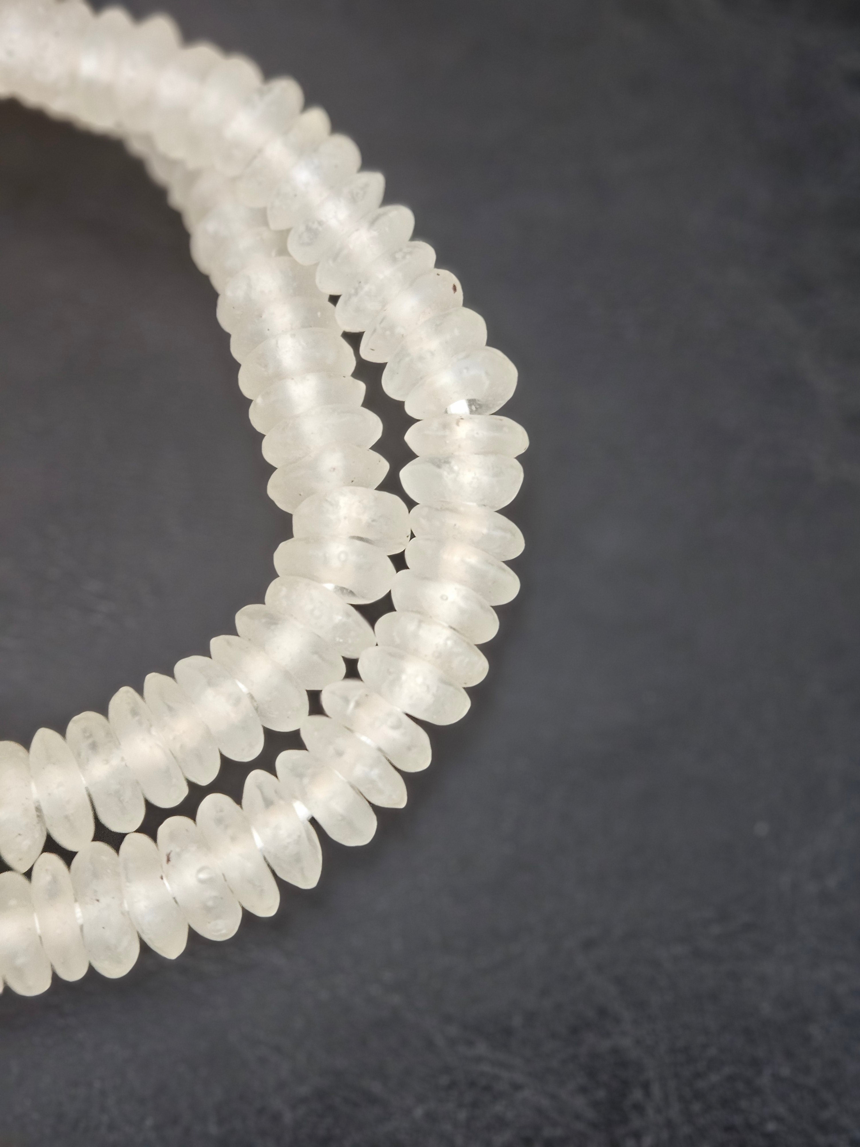 Crystal White Krobo Translucent Recycled Glass Rondelle Beads | Sustainable Handmade Designer Beads