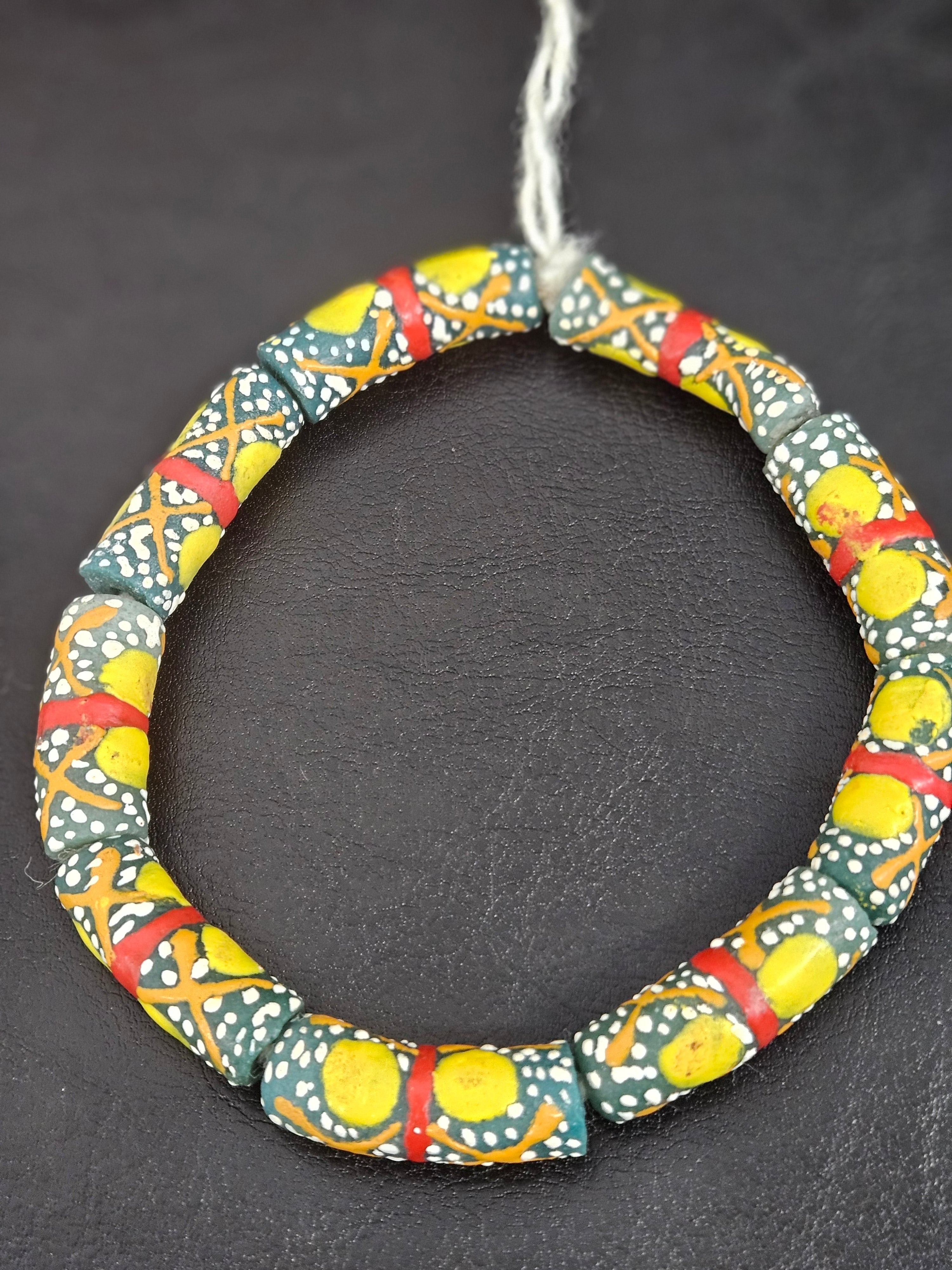 Olive Green Krobo Painted Glass Tube Beads with Golden Yellow Medallions & Terracotta Geometric Motifs