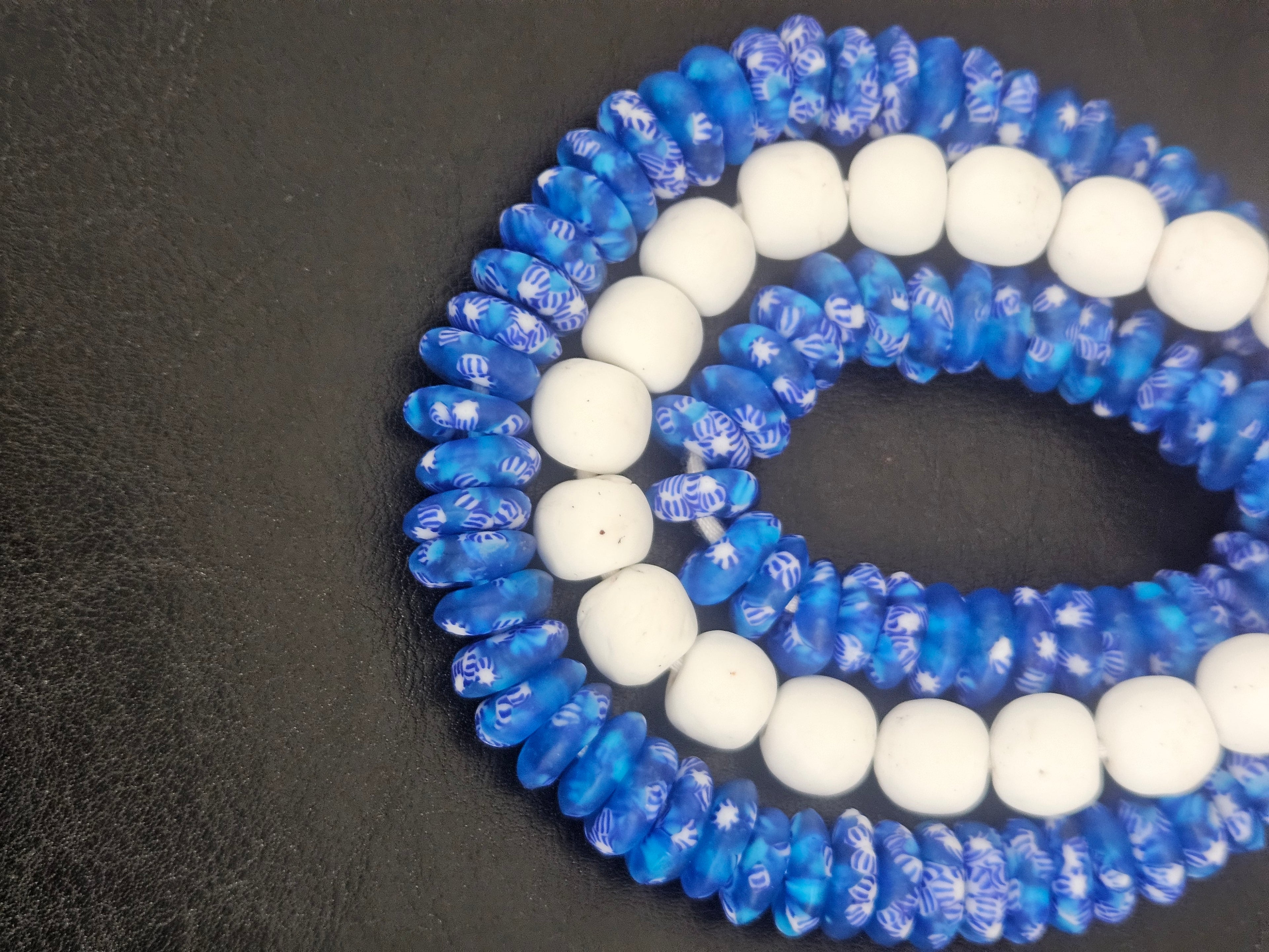 Blue & White African Glass Bead Bundle: Hand-Painted Krobo Rondelle and White Pocket Beads from Ghana