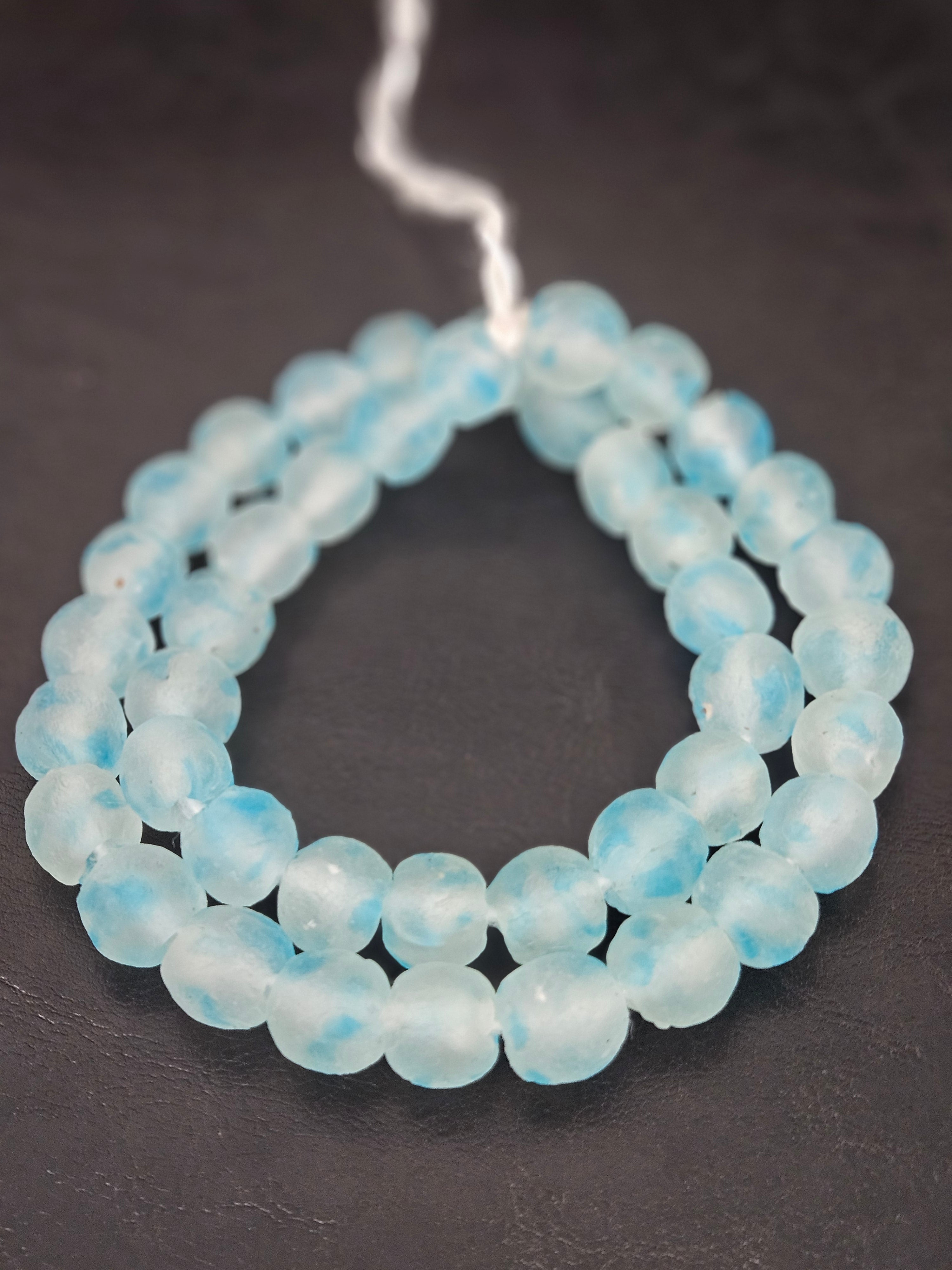 Authentic African Beads from Ghana | Chunky Sky Blue Translucent Recycled Glass Beads | Handmade Krobo Beads 12–14mm