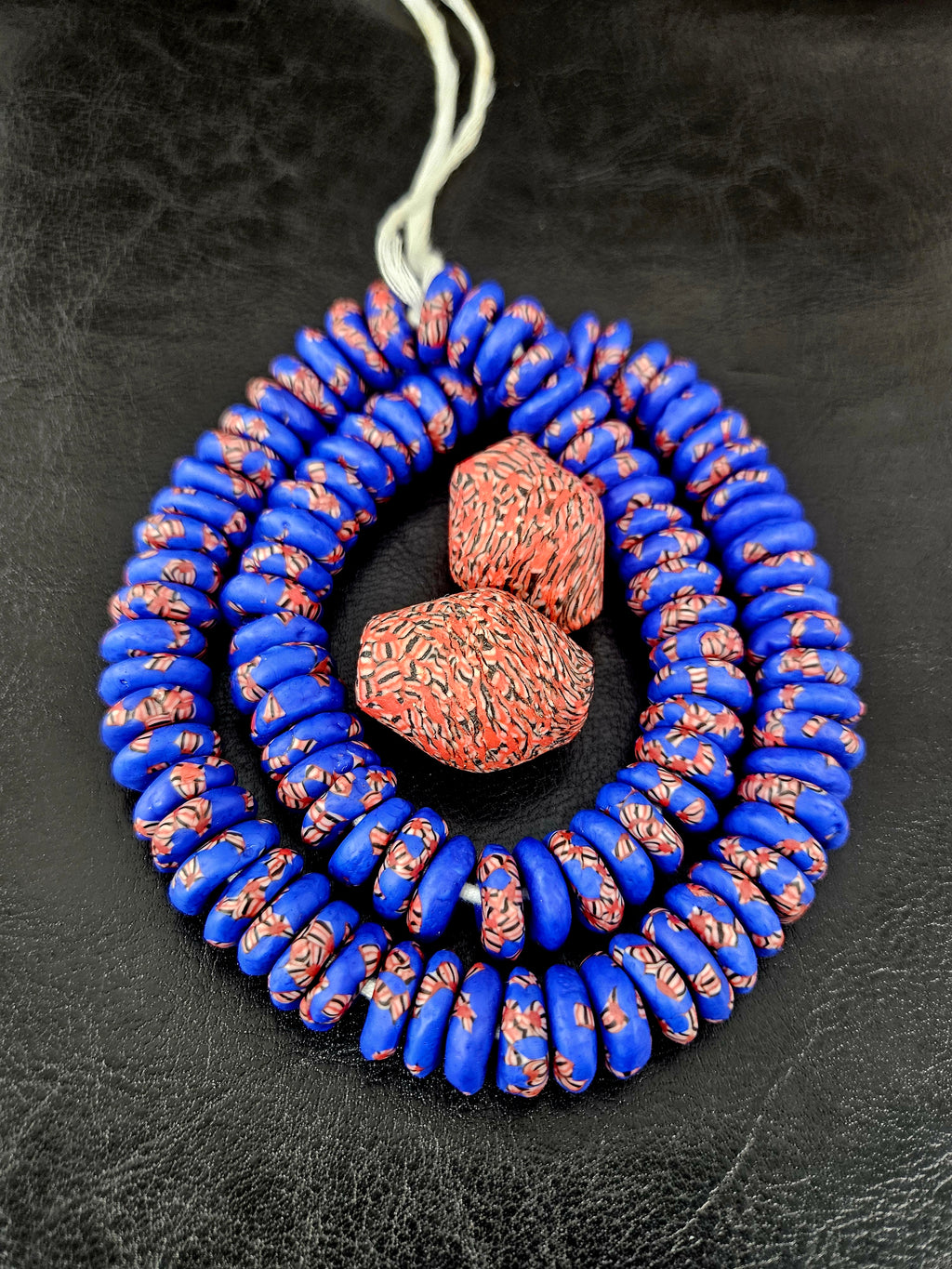 African Glass Bead Bundle – Cobalt Krobo Fused Rondelles + 2 Focal Beads