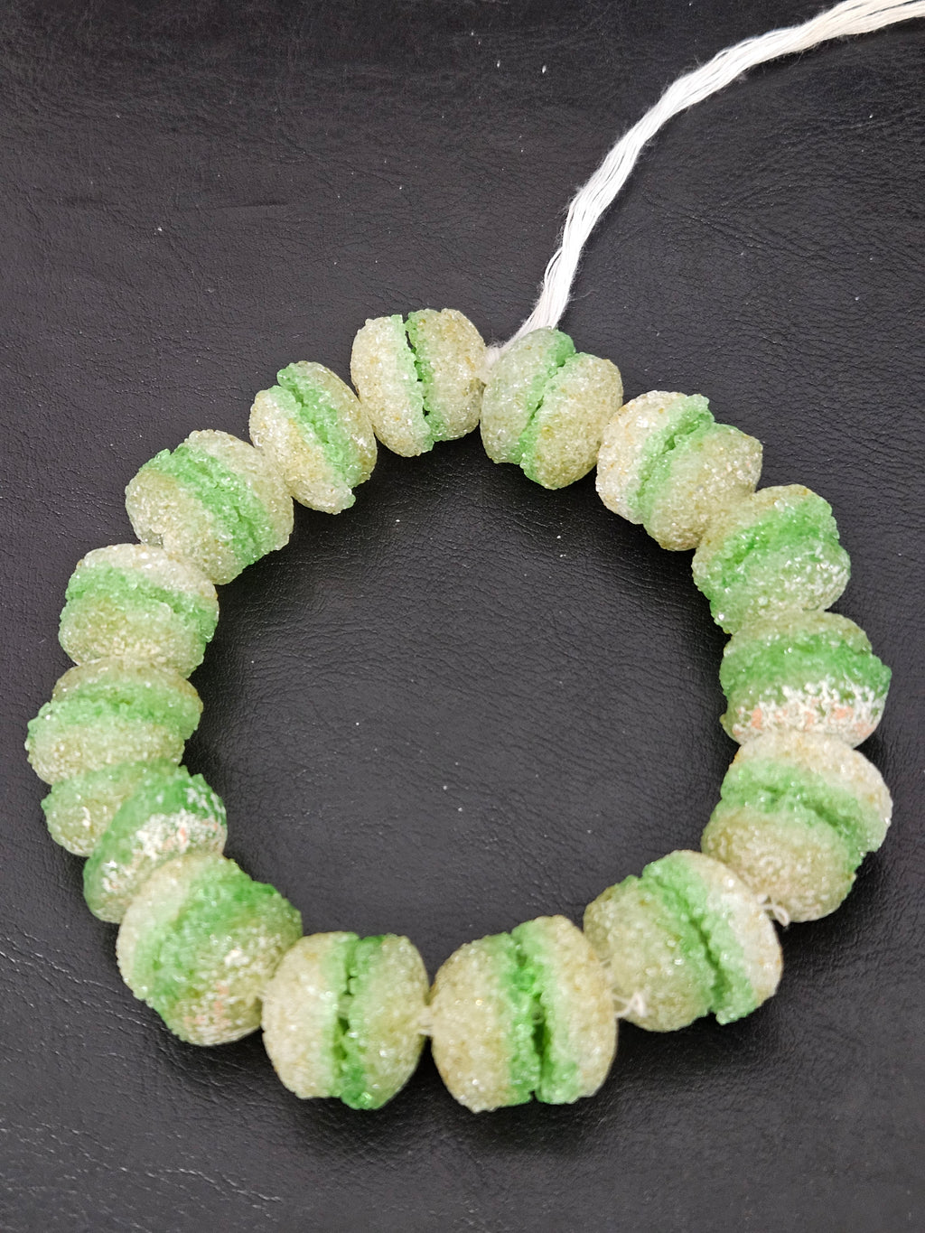 Green & White Krobo Sugar Glass Rondelle Beads | Handcrafted Recycled Glass Beads from Ghana | Approx. 30 Beads Per Strand