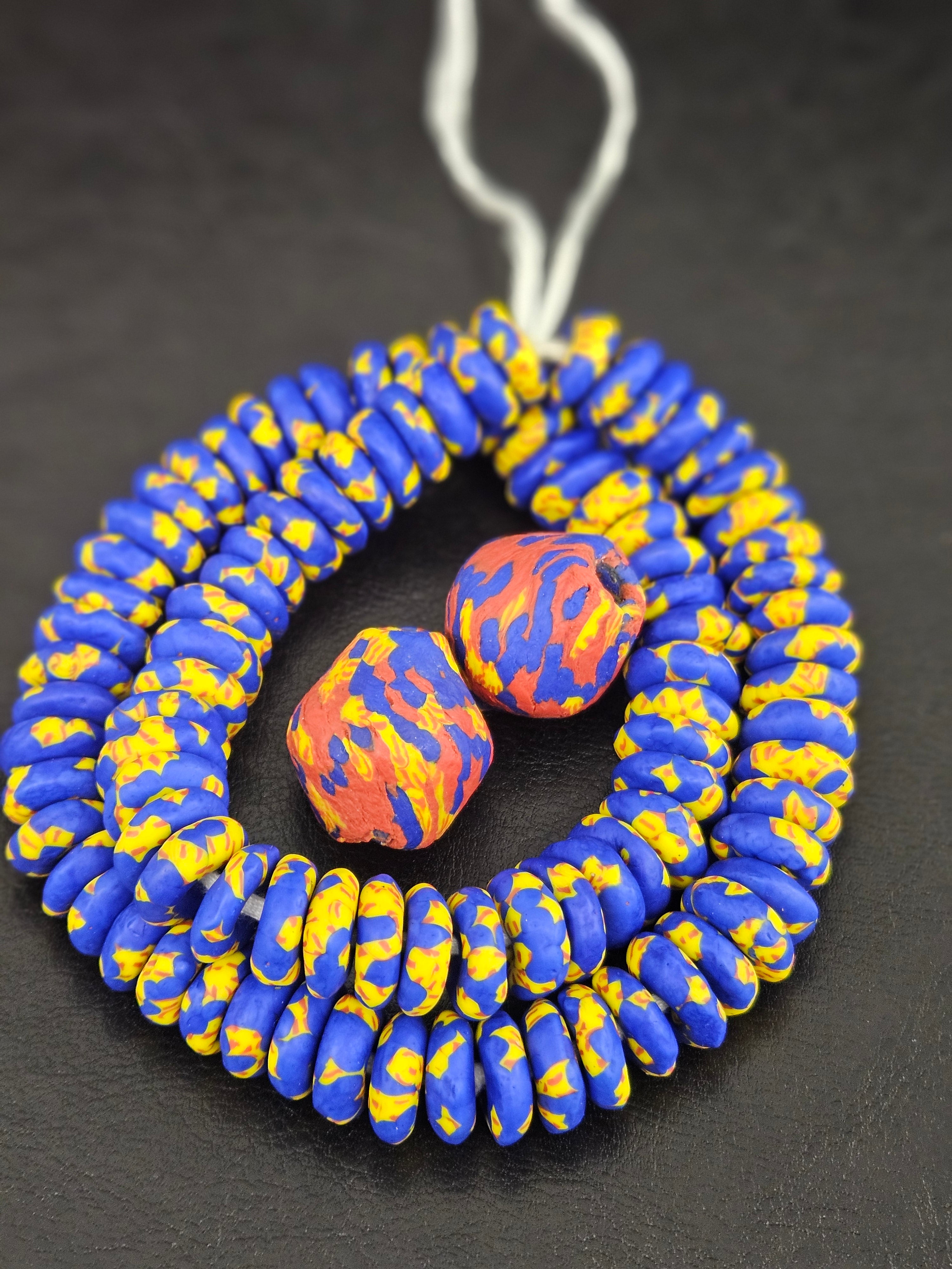 Blue African Beads Bundle – Krobo Glass Rondelles + Bicone Focal Beads