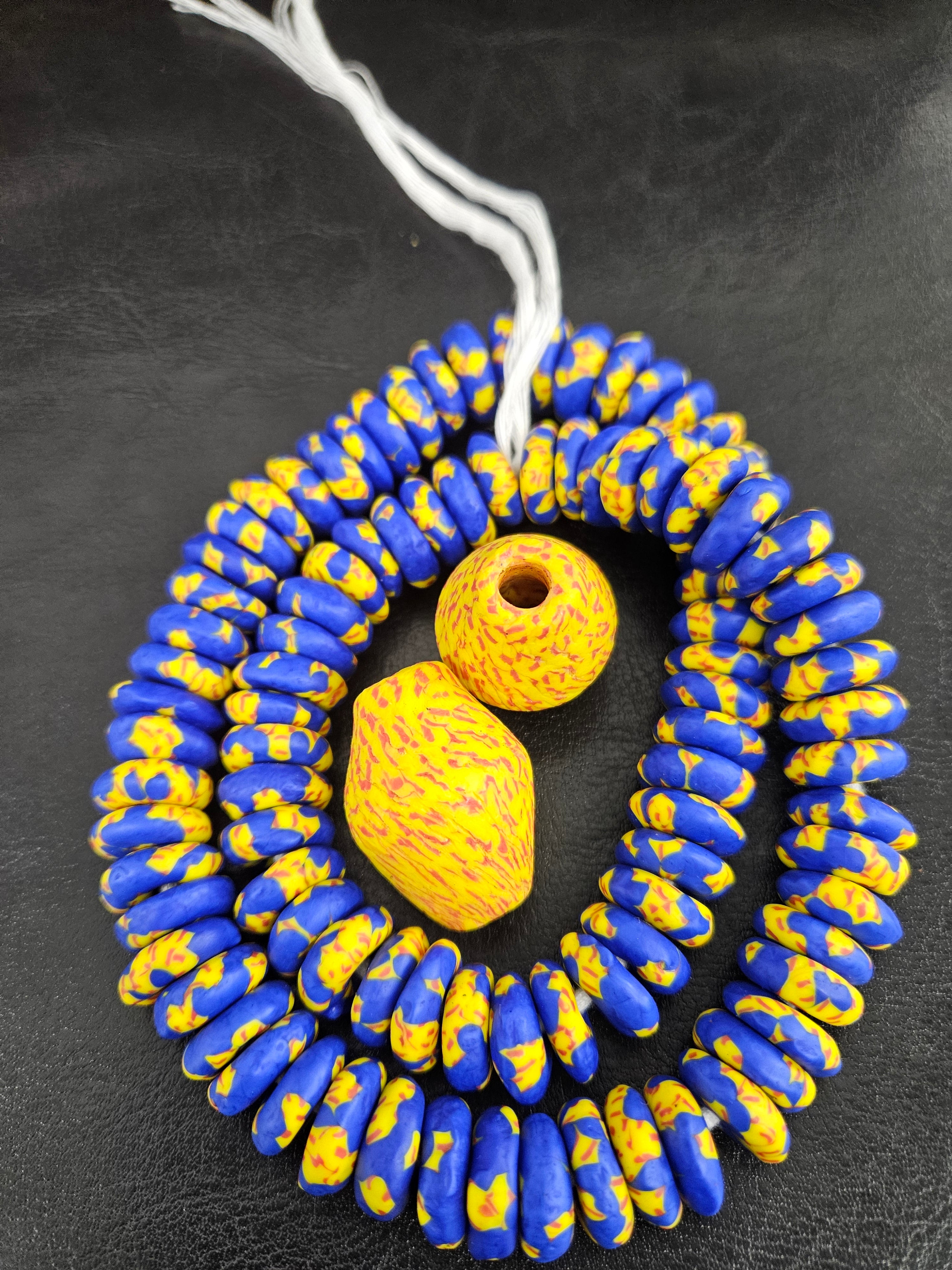 Blue African Beads Bundle – Krobo Glass Rondelles + Yellow Bicone Focals