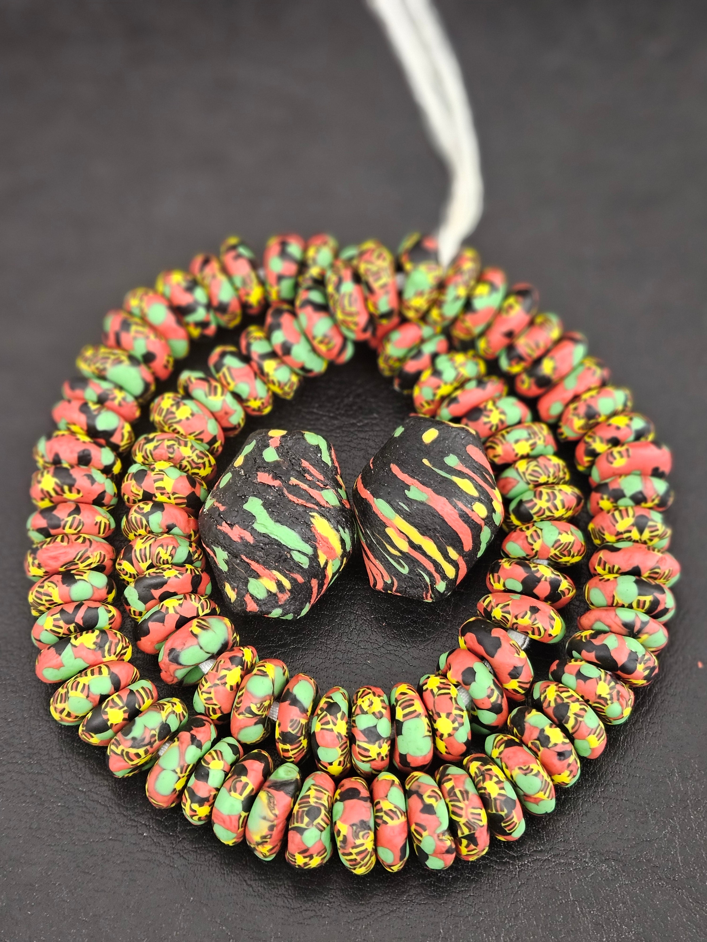 Multicolor African Glass Beads Bundle – Krobo Rondelles + Bicone Focals