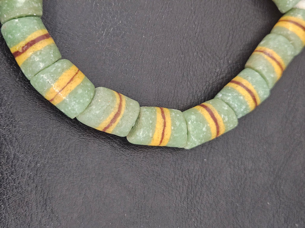 Green Striped Krobo Kente Glass Beads | Handcrafted Powdered Glass Beads from Ghana | Approx. 17 Beads