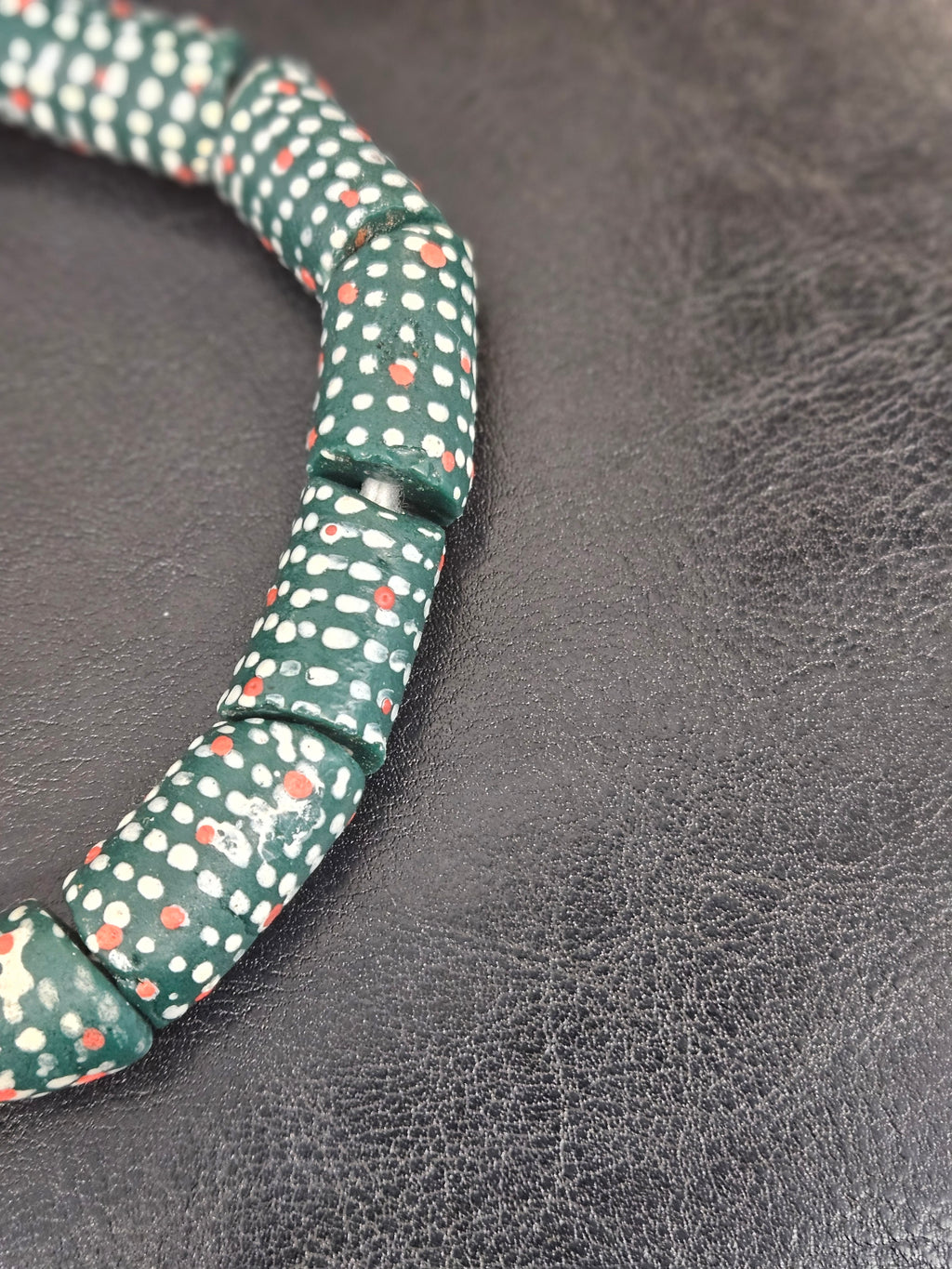 Painted Krobo Glass Beads | Green Red & White Polka Dot Long Tube Beads | Handcrafted Ghana Recycled Glass Beads