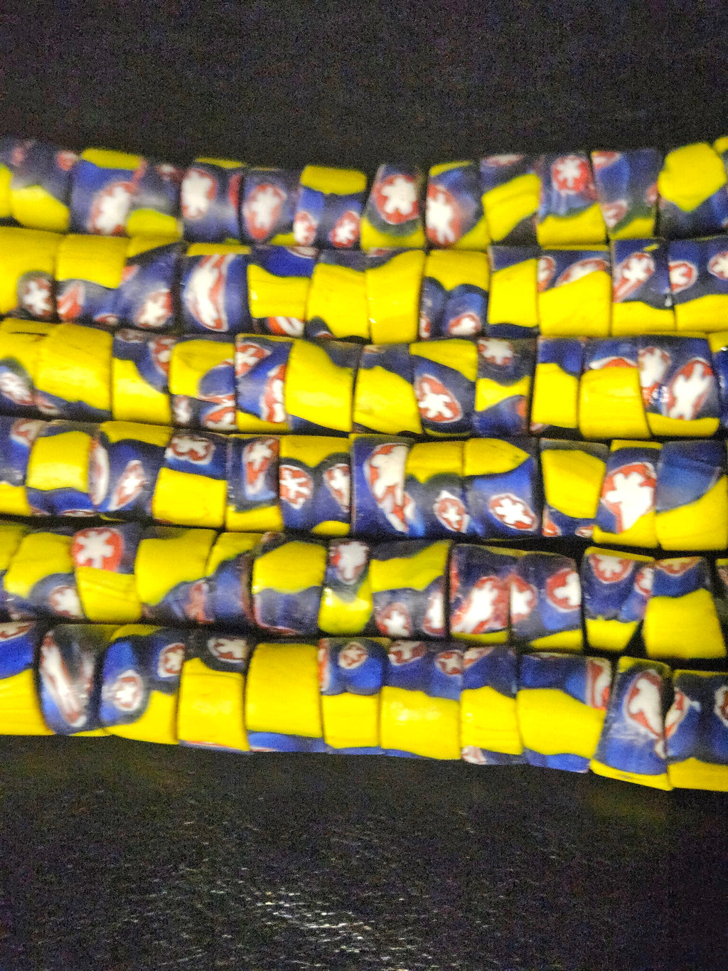 Designer Patterned Trade Beads – Yellow, Blue & Red Motif Strand