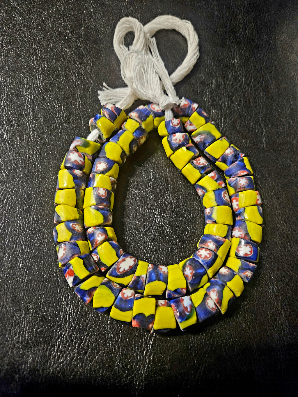 Designer Patterned Trade Beads – Yellow, Blue & Red Motif Strand