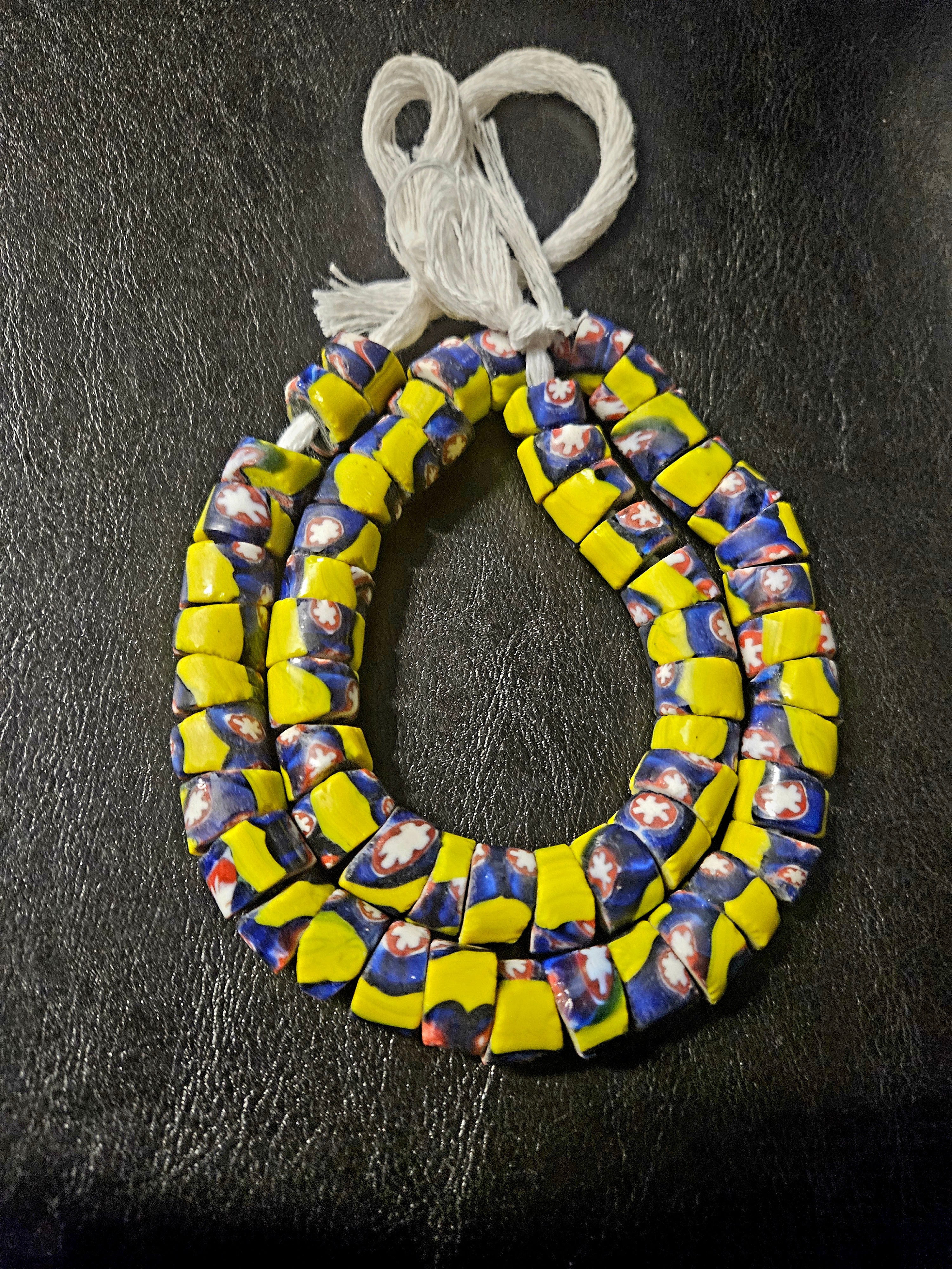 Designer Patterned Trade Beads – Yellow, Blue & Red Motif Strand