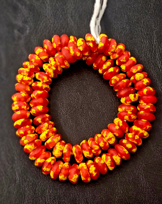 Red & Yellow Fused Krobo Rondelle Recycled Glass Beads | 14–16 mm | Handcrafted in Ghana