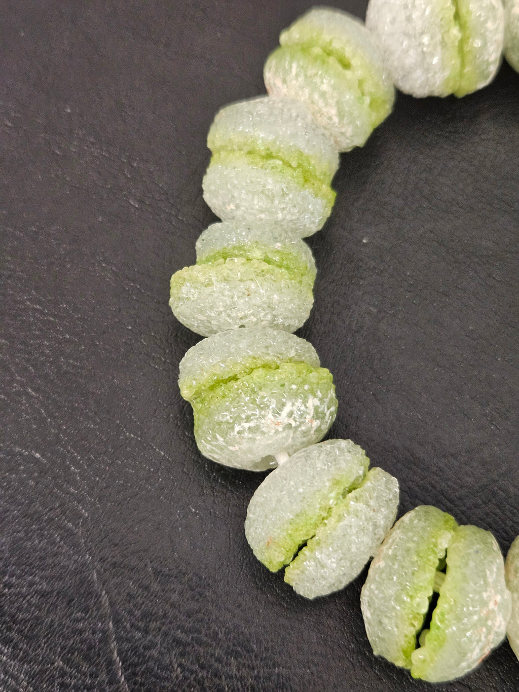 Lime Green & White Krobo Sugar Glass Rondelle Beads | Handcrafted Recycled Glass Beads from Ghana | Approx. 30 Beads Per Strand