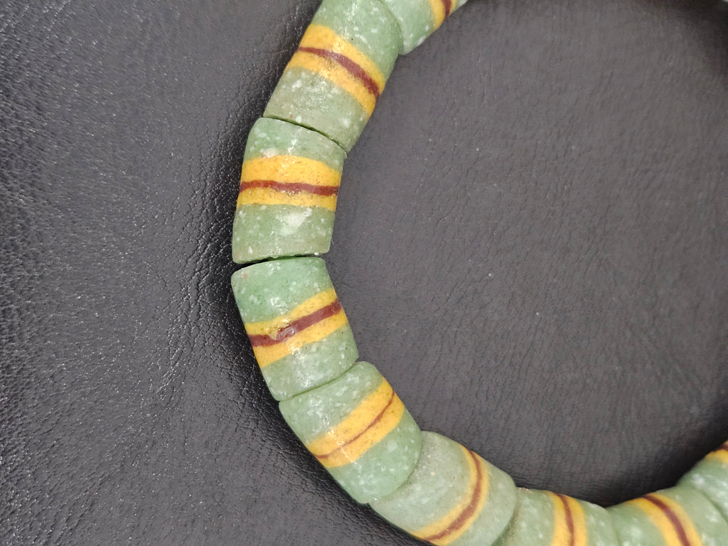 Green Striped Krobo Kente Glass Beads | Handcrafted Powdered Glass Beads from Ghana | Approx. 17 Beads
