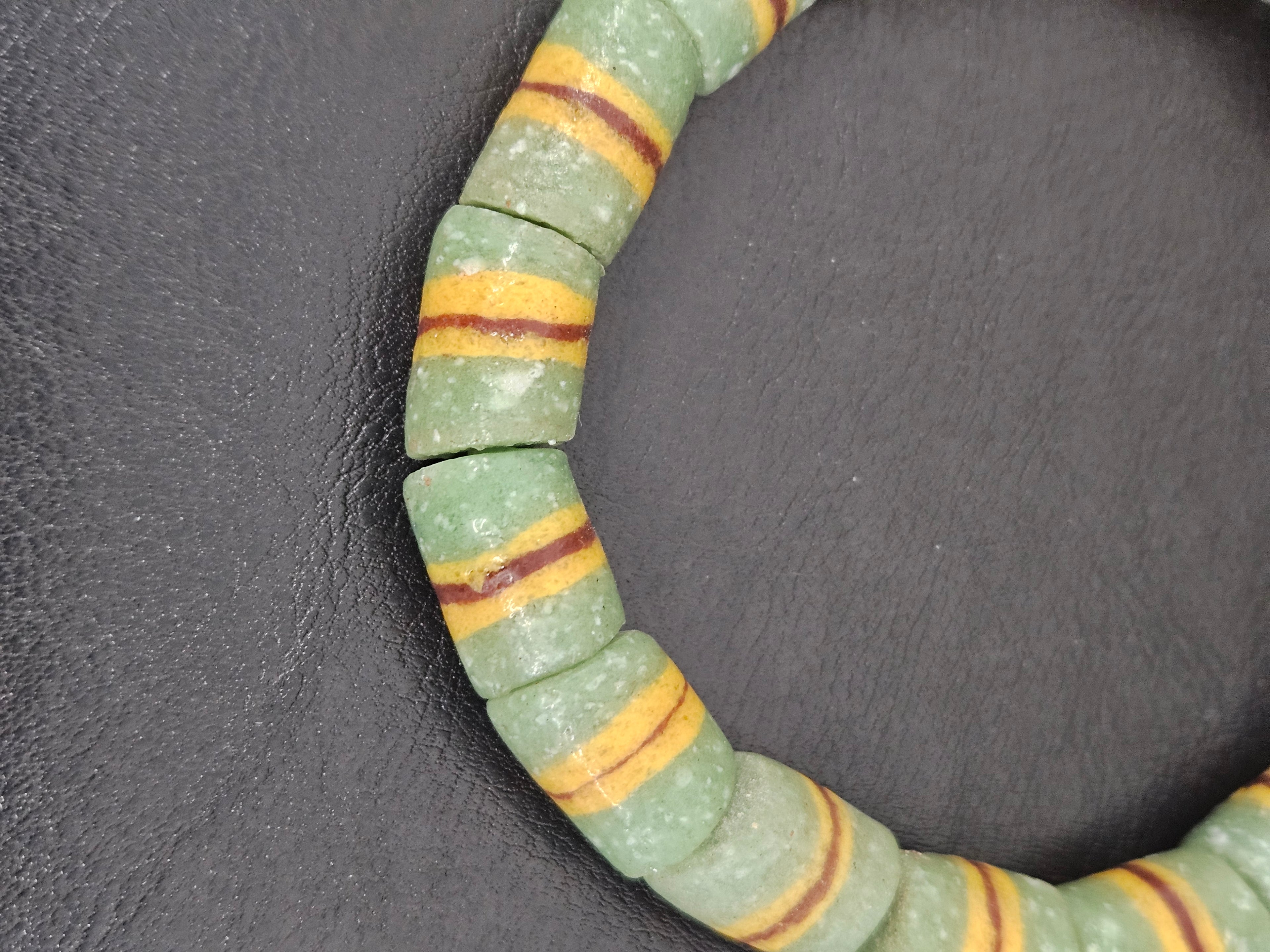 Green Striped Krobo Kente Glass Beads | Handcrafted Powdered Glass Beads from Ghana | Approx. 17 Beads