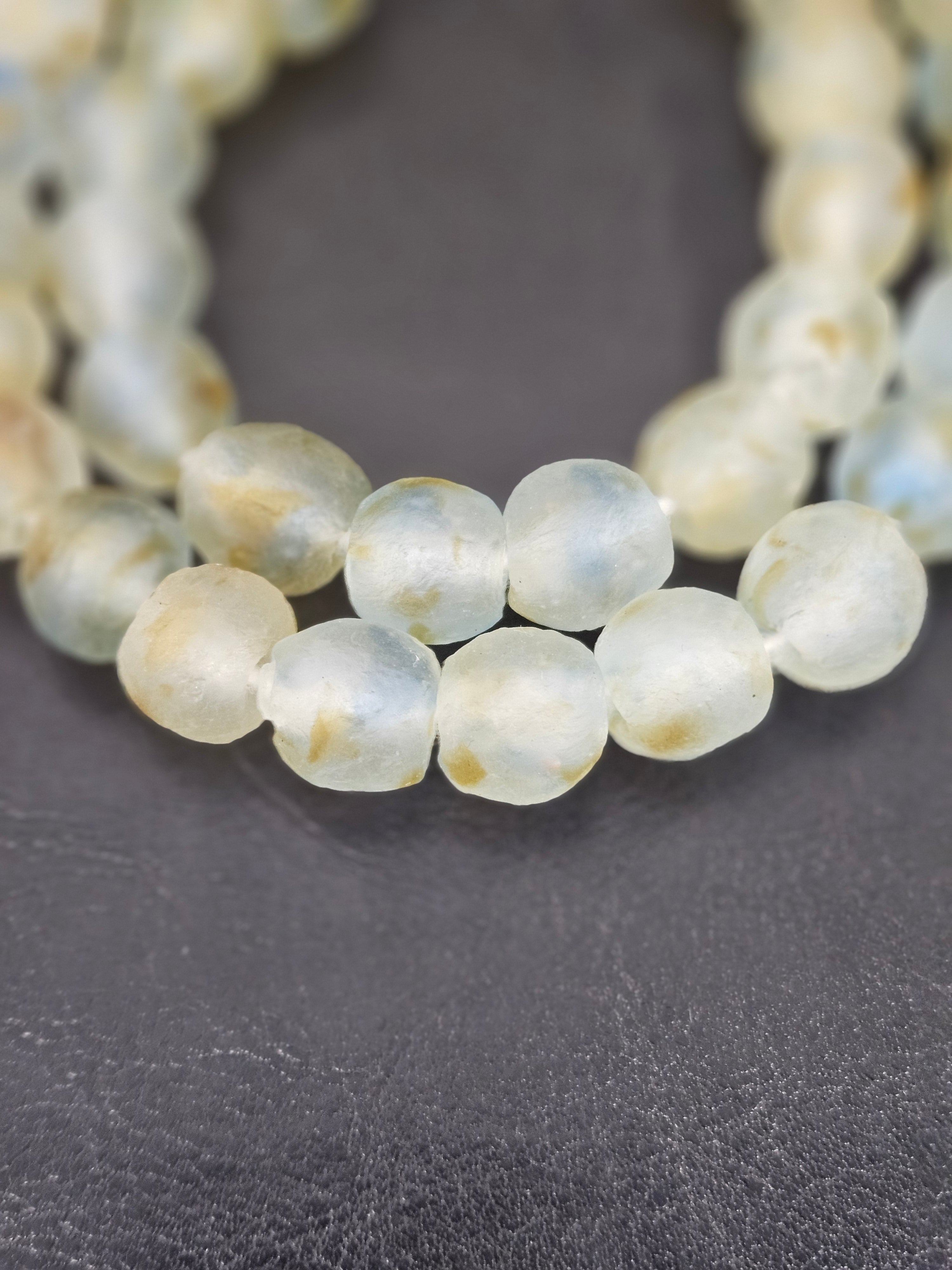 Authentic African Beads from Ghana | Chunky Translucent Recycled Glass Beads | Frosted Ocean Mist Krobo Beads 12–14mm