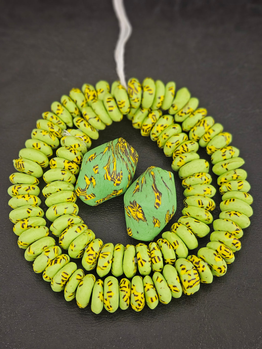 Green African Glass Beads Bundle – Krobo Rondelles + Bicone Focals