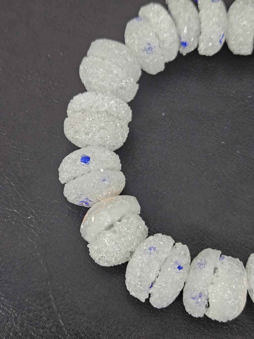 White & Blue Speckled Krobo Sugar Glass Rondelle Beads | Handcrafted Recycled Glass Beads from Ghana | Approx. 30 Beads Per Strand