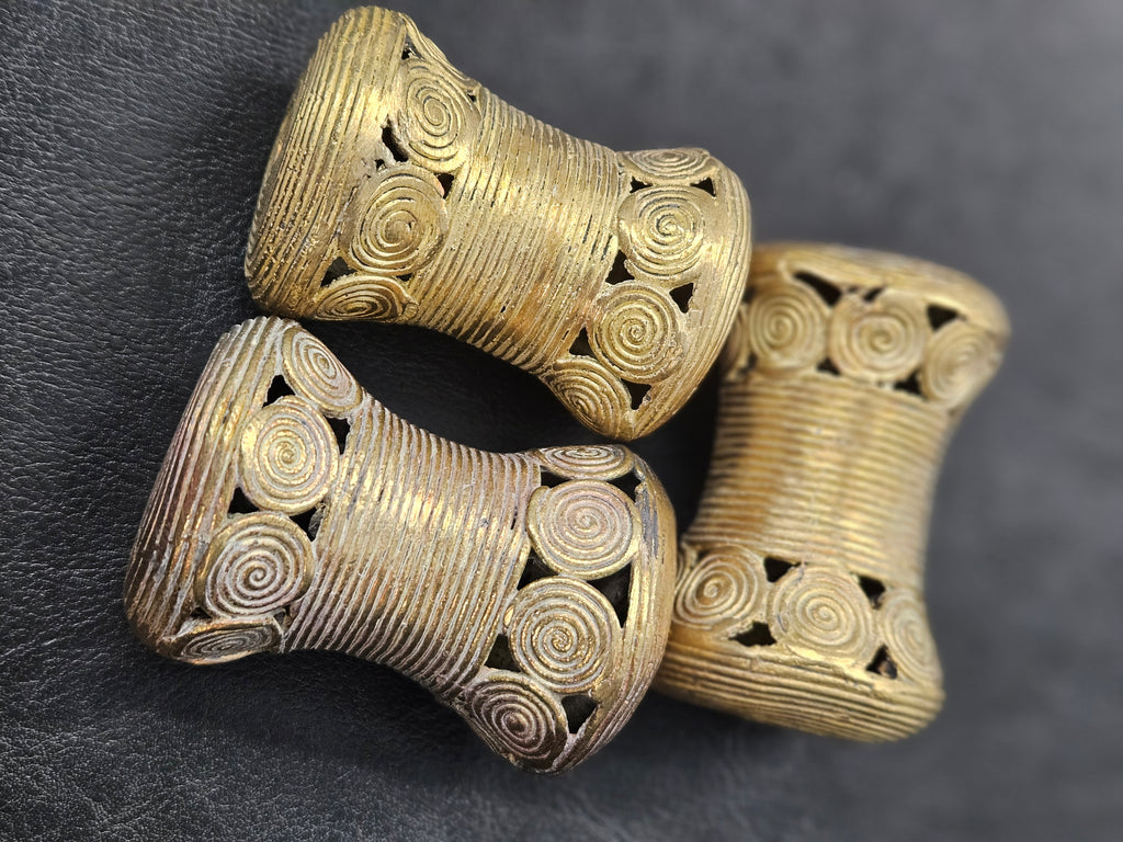 Oversized Ashanti Brass Talking Drum Bead — Spiral Medallion Openwork