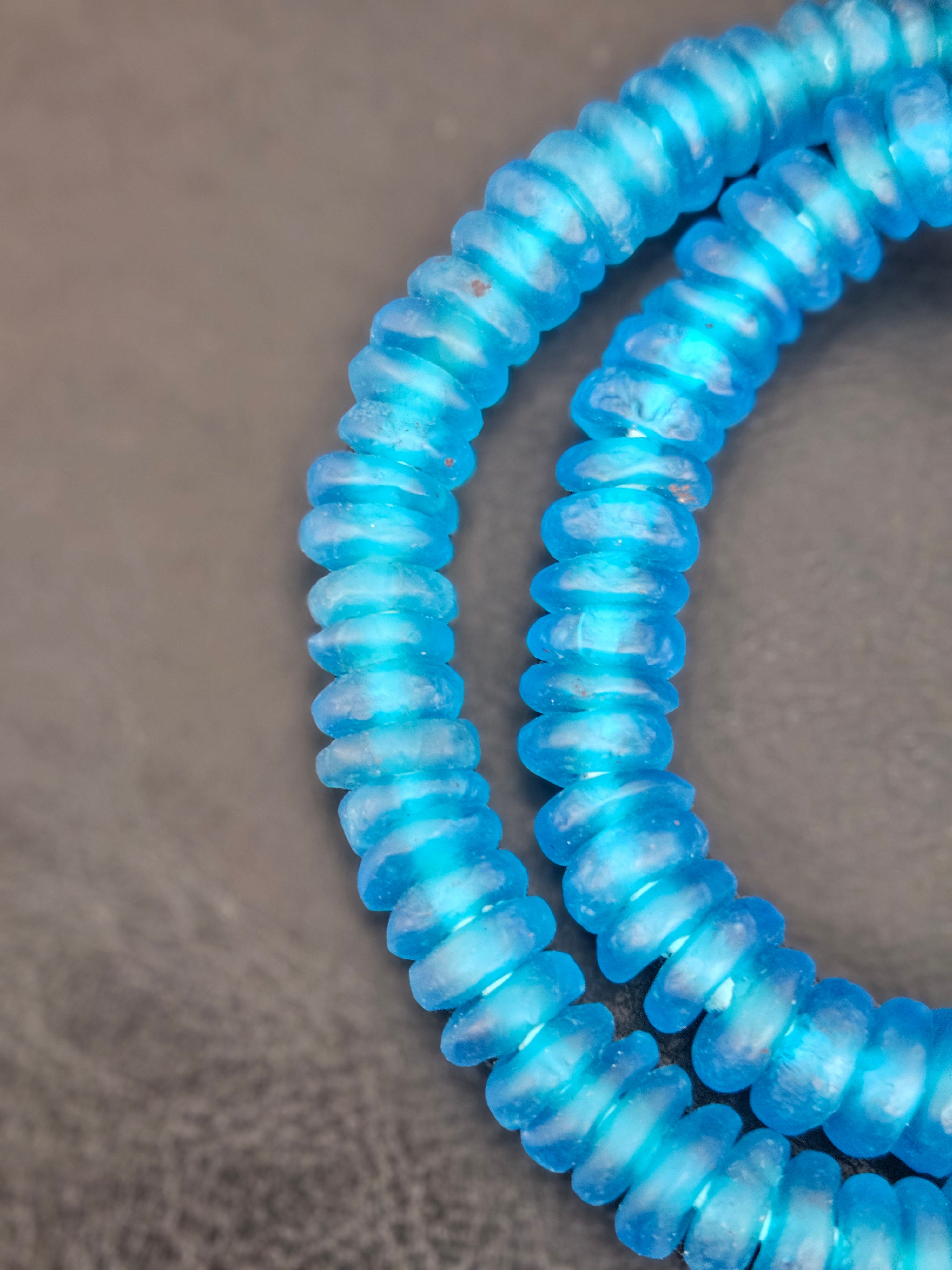 Authentic Bright Aqua Krobo Translucent Recycled Glass Rondelle Beads | Handmade in Ghana