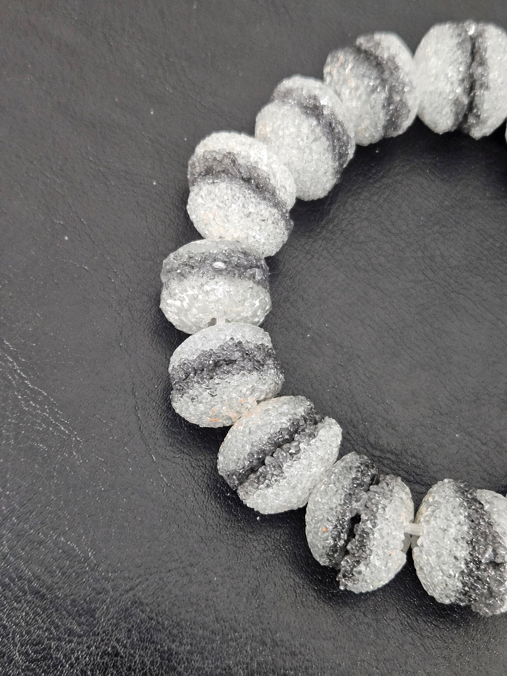 Black & White Krobo Sugar Glass Rondelle Beads | Handcrafted Recycled Glass Beads from Ghana | Approx. 30 Beads Per Strand
