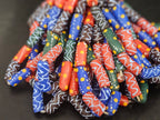 Multicolor Krobo Painted Glass Tube Beads with Hand-Painted Geometric & Wave Motifs | Handcrafted Recycled Glass from Ghana