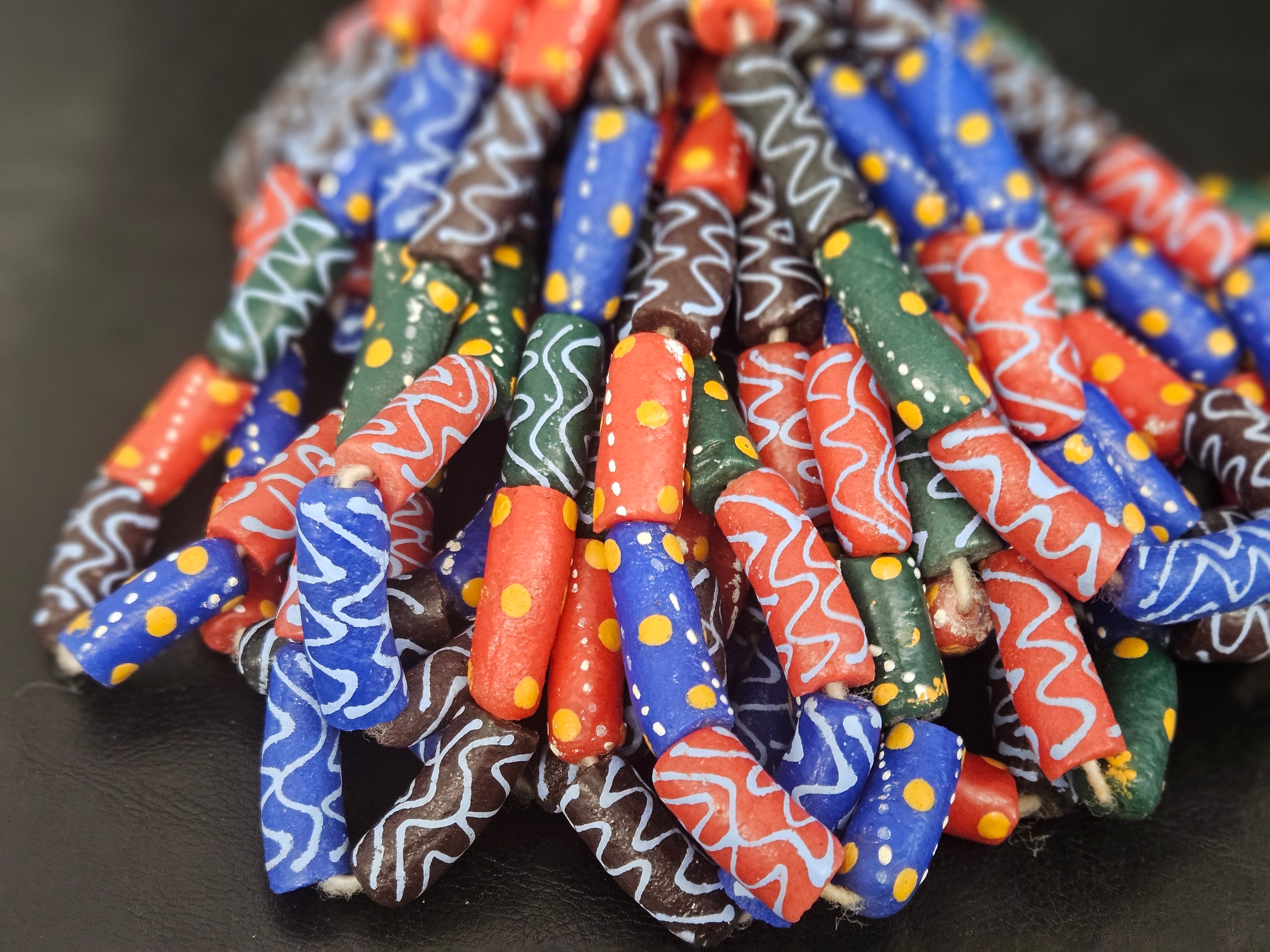 Multicolor Krobo Painted Glass Tube Beads with Hand-Painted Geometric & Wave Motifs | Handcrafted Recycled Glass from Ghana