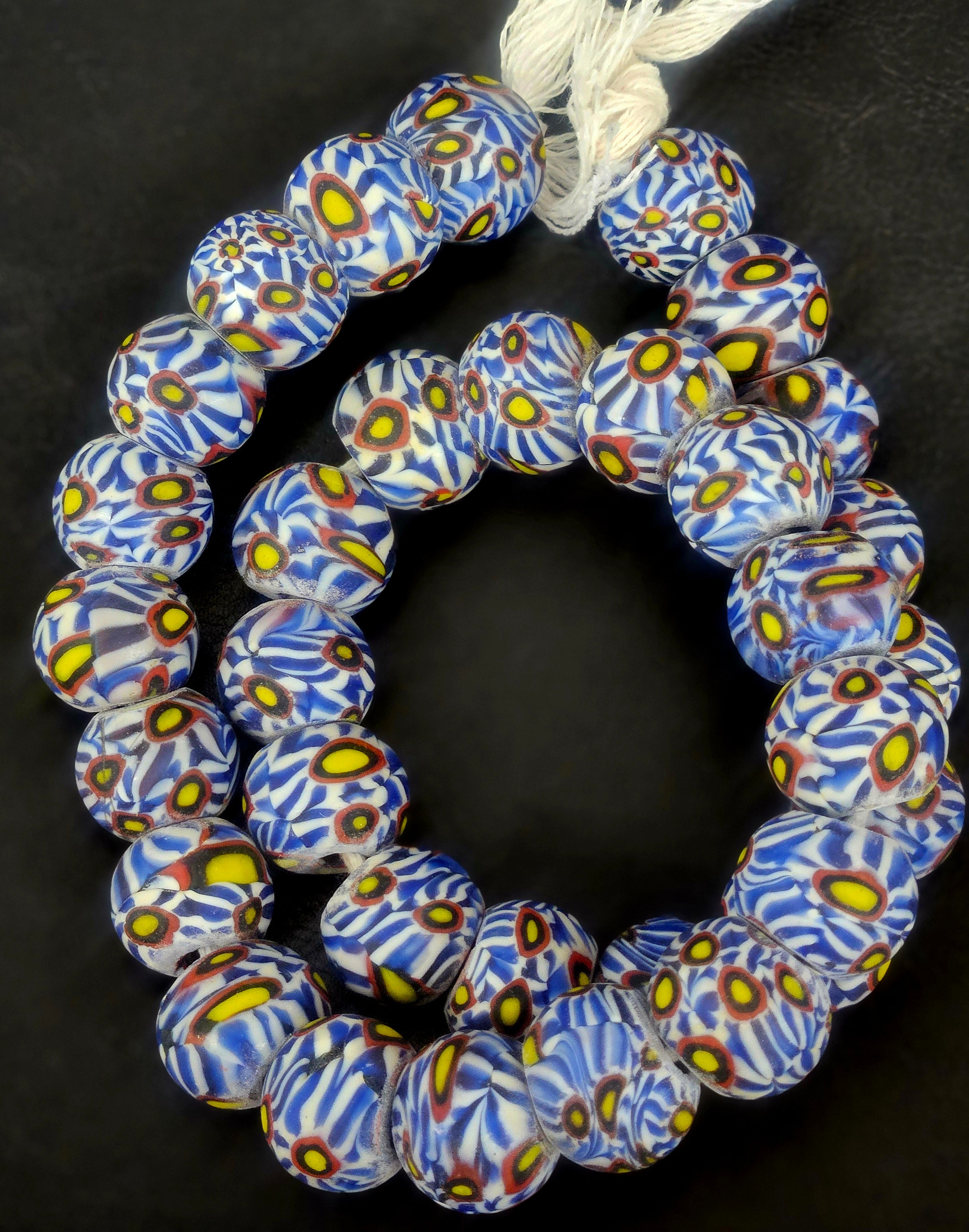 Sky Blue Eye Motif African Trade Beads Sourced in Ghana | Large-Hole Recycled Glass Trade Beads | 15–16mm Designer & Collector Strand