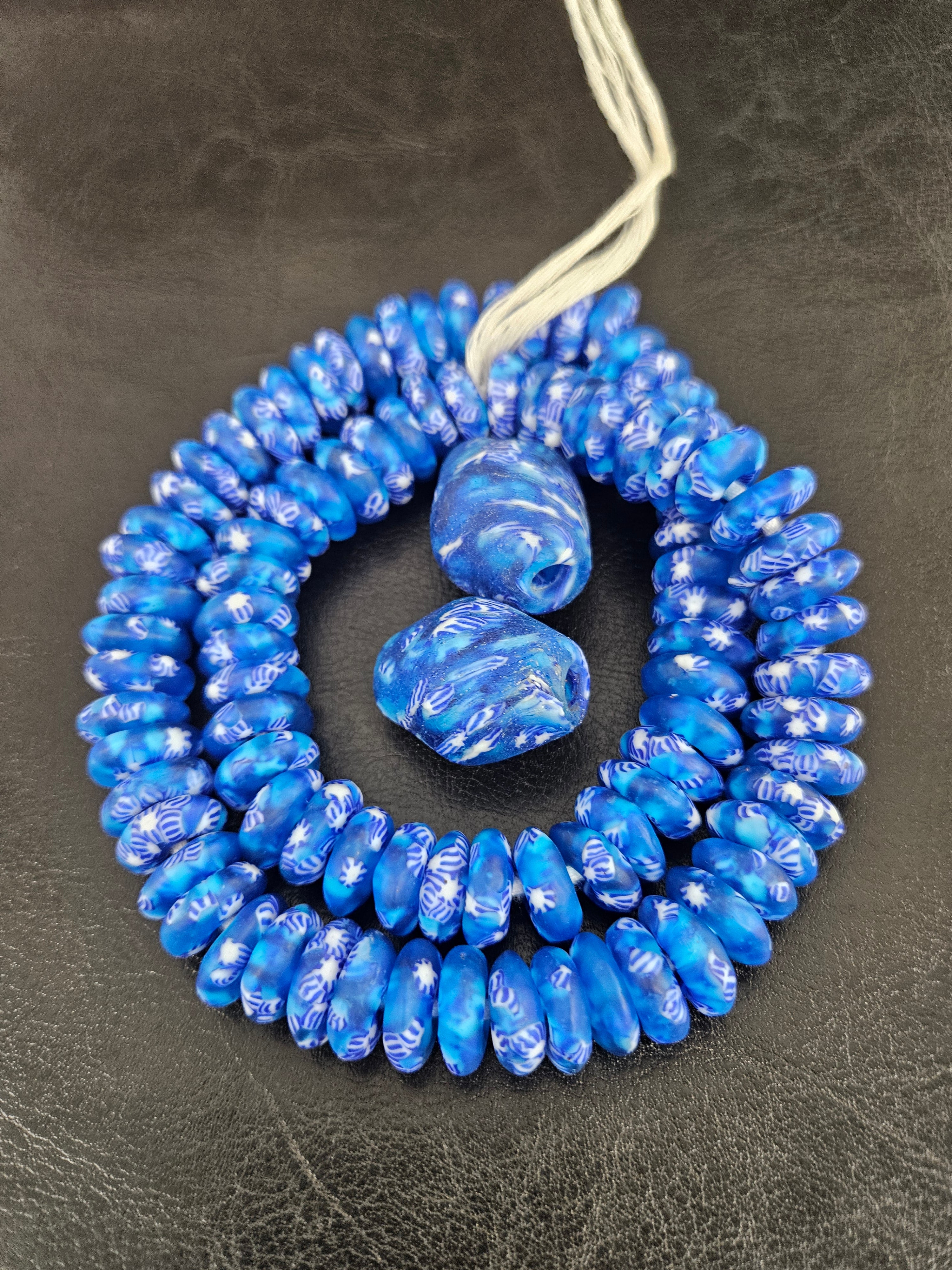 African Glass Bead Bundle – Blue Krobo Rondelles + Bicone Focal Beads